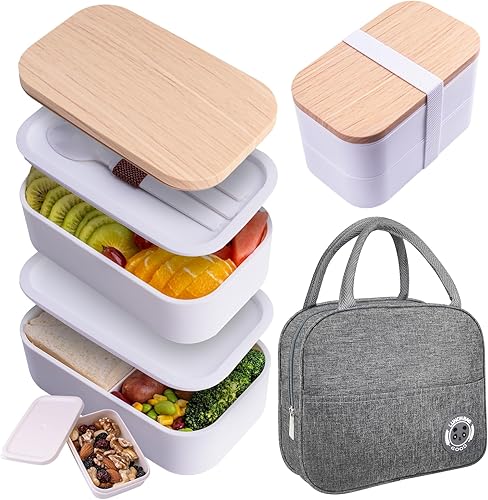 Healfyya Lonchera japonesa Bento con bolsa, a prueba de fugas, con utensilios, apilables, incluye recipiente para salsa, 54 onzas, color blanco