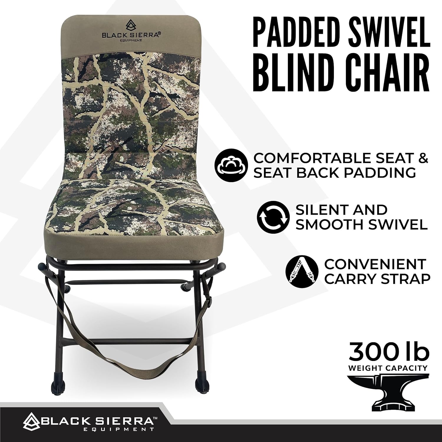 Black Sierra Padded Swivel Hunting Chair - 360 Silent, Heavy Duty, Supports 300 Lbs (Ranger Camo) - Image 4