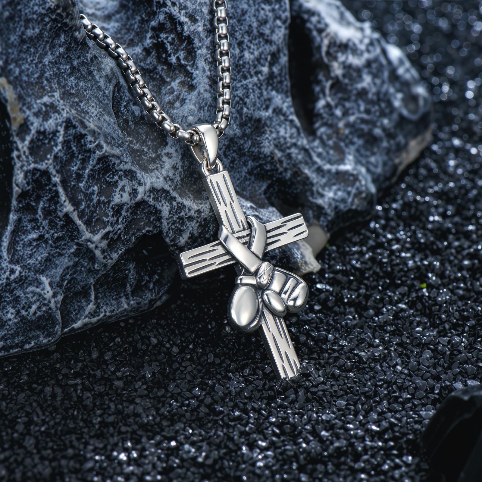 Collana con ciondolo a forma di croce da boxe, in argento Sterling 925, a forma di guantoni da boxe, stile punk, con catena in acciaio inox da 55,9 cm + 5,1 cm