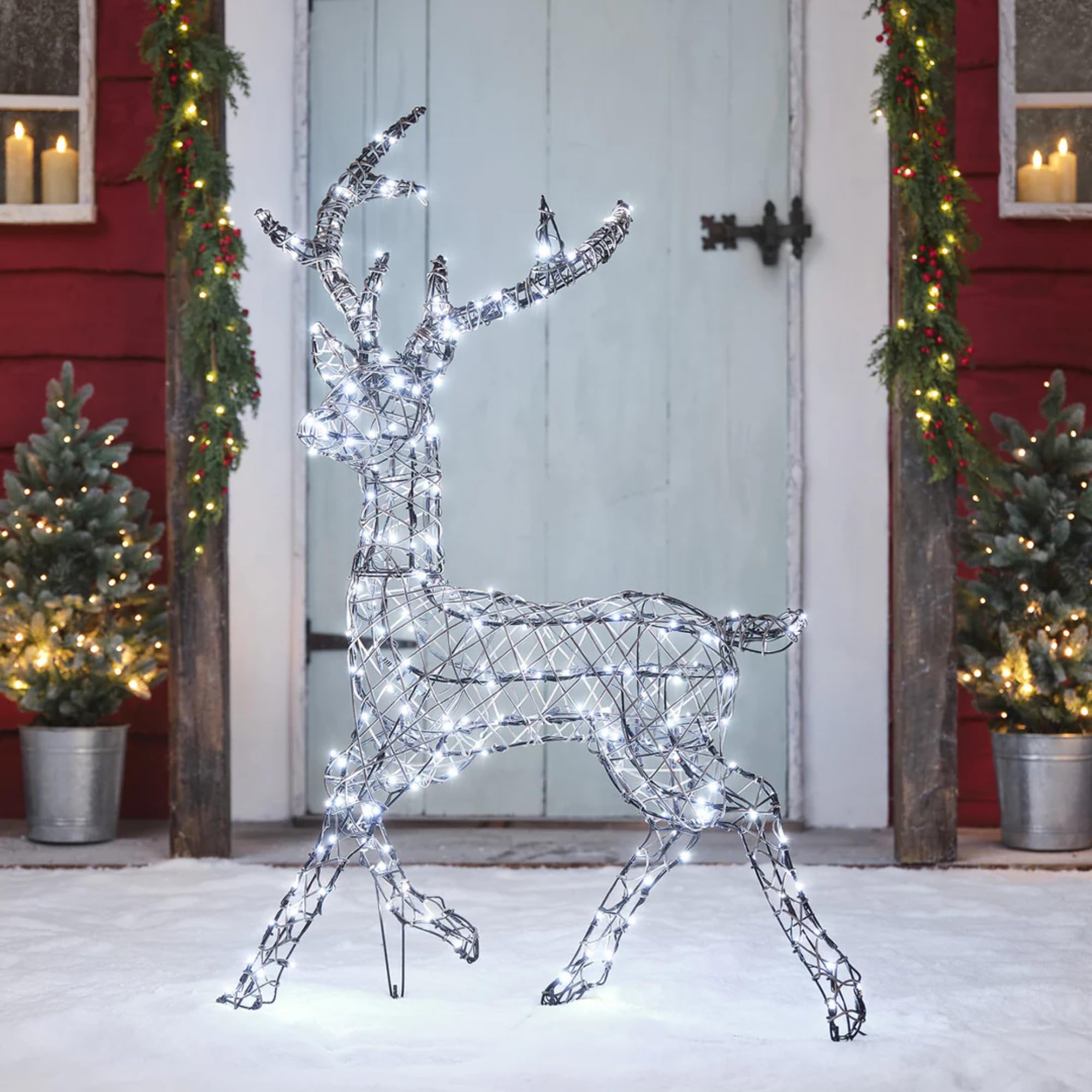 Lights4fun Kunstrattan Studley-Hirsch | mit 260 warmweißen LEDs & 3 Beleuchtungsmodi | solarbetrieben für den Außenbereich | Weihnachten Weihnachtsdeko Weihnachtsbeleuchtung | Rentier Figur Garten