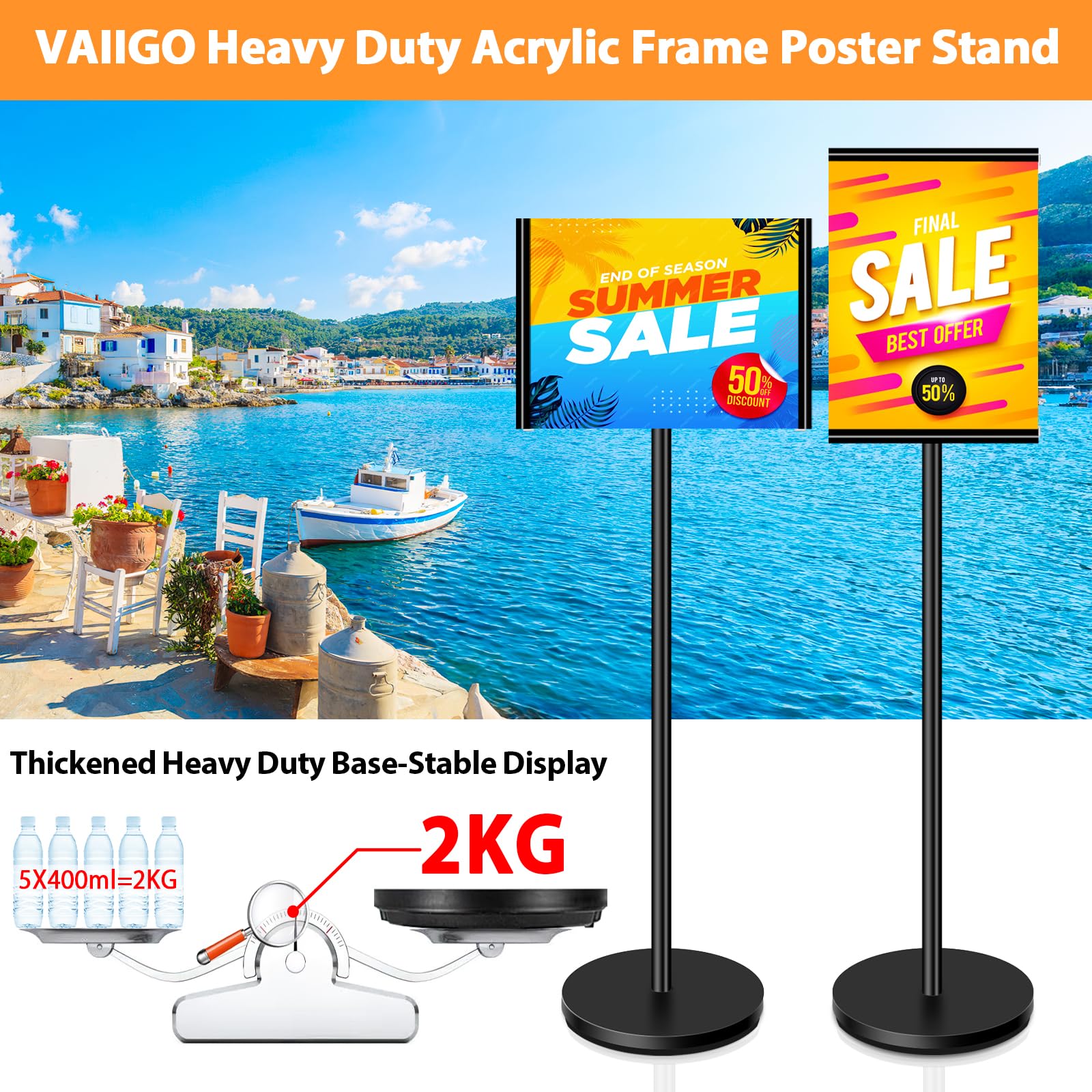 VAIIGO Support Robuste Pour Affiche, Menu, Affichage Réglable Avec Base En Fonte Pour Affiche, Menu, Annonces, Vente, Avis, Affichage De Signalisation (A3, Argenté