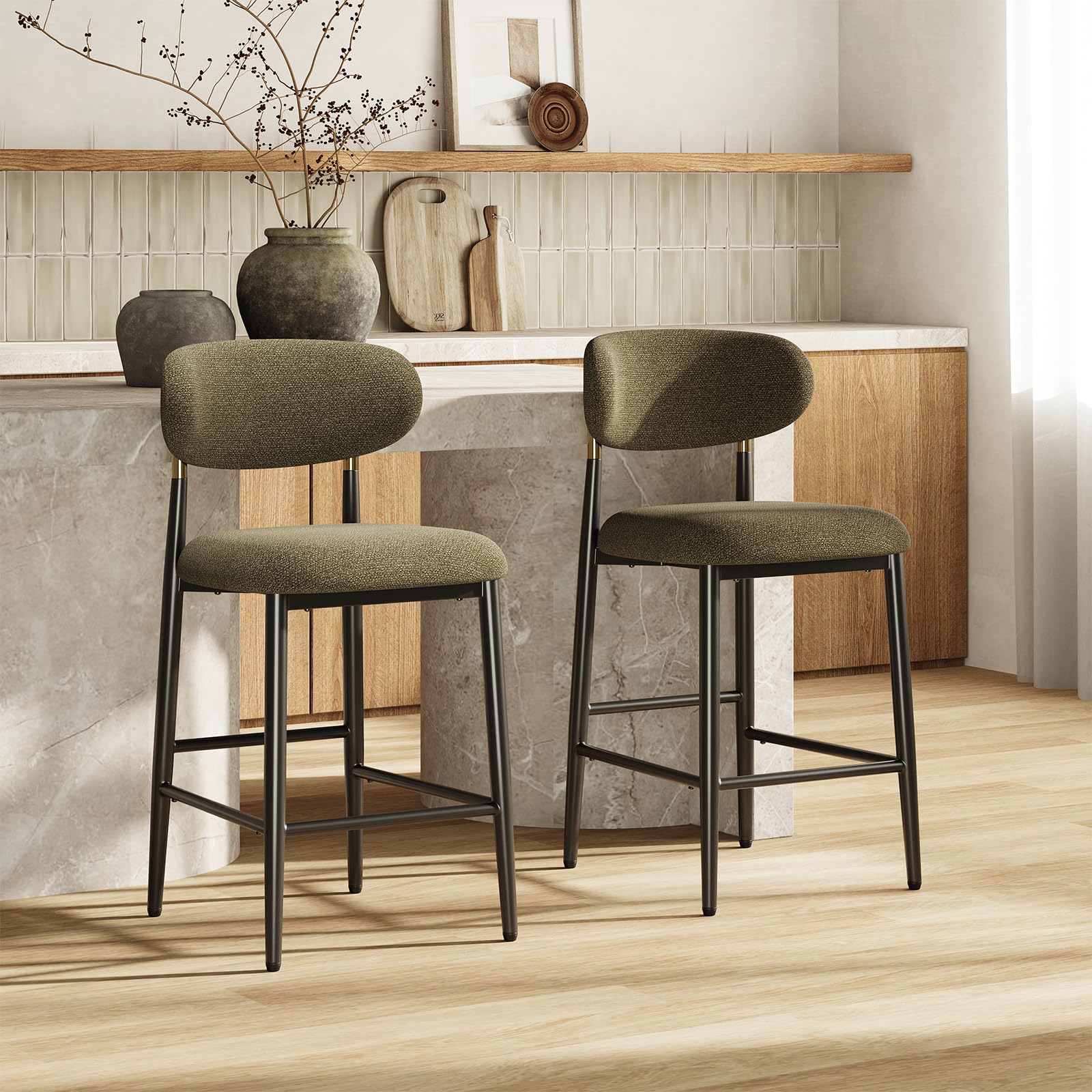 MALOL Counter Height Bar Stools Set of 2, Fabric Kitchen Bar Chairs with Backrest, Metal Legs and Footrest, Modern Barstools Counter with Anti-Slip Pads for Kitchen Island, Dining Room, Camel