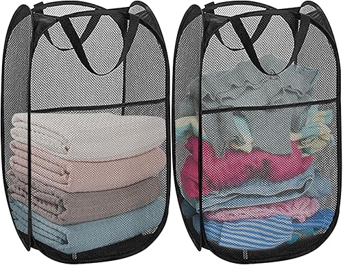 Paquete de 2 cestas plegables de lavandería plegables de malla negra con asa portátil, bolsillo lateral para dormitorio, cuarto de bebé, viajes,