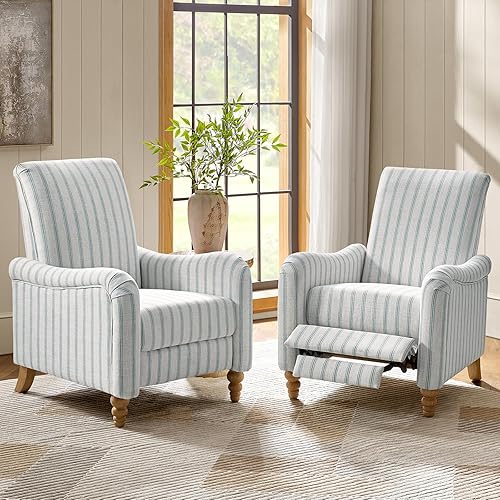 HULALA HOME Juego de 2 sillas reclinables de granja con patas de eje de madera maciza, sillones reclinables a rayas con respaldo y reposapiés