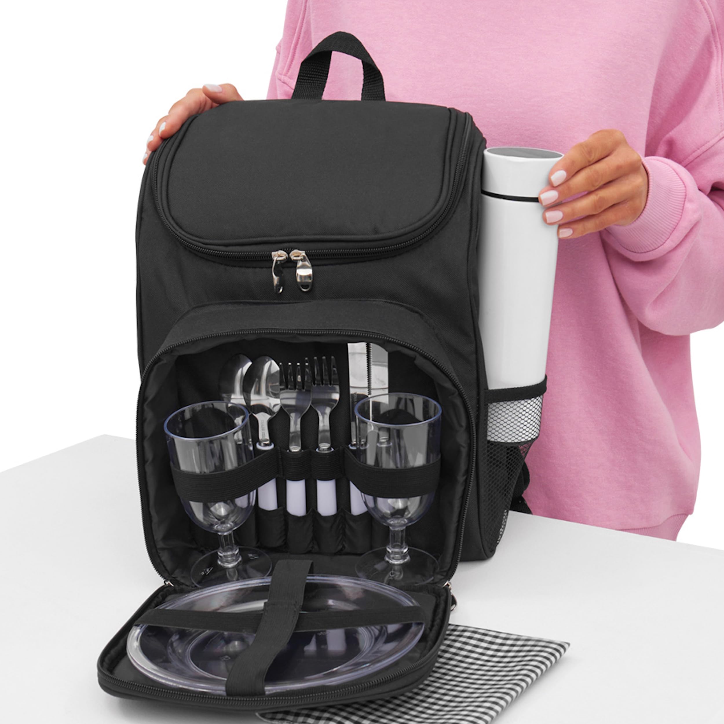 Picknick-Rucksack 2 Personen blau schwarz isoliertes Reißverschluß-Kühlfach Vorfach inkl. Besteck Kunststoff-Weingläser & Teller Stoffservietten 2 Netzeinsteckfächer gepolsterte Gurte (Schwarz)