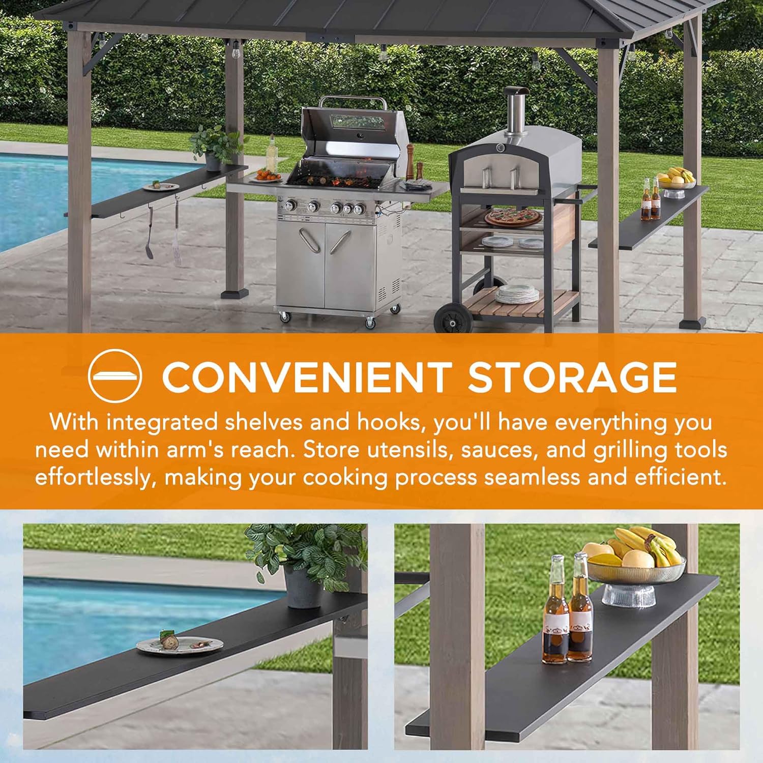 Gazebo side shelves with integrated hooks, holding plates, utensils, and beverages.