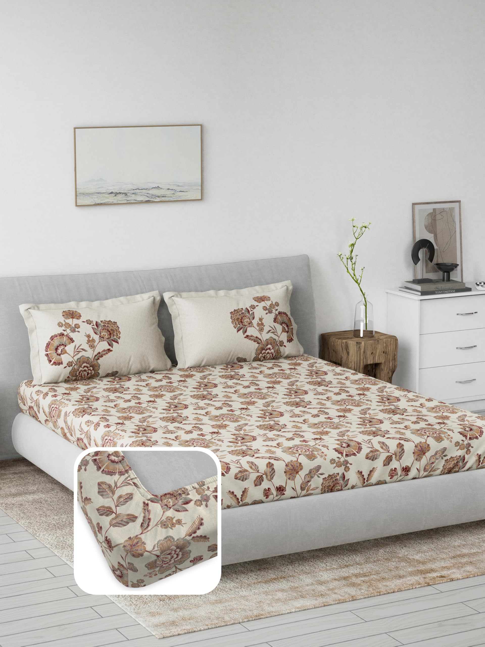 Ddecor Live Beautiful Cotton King Fitted Sheet Set with 2 Pillow Covers (182 CM X 198 CM, Brown) Digital Print Floral 145TC-image-49