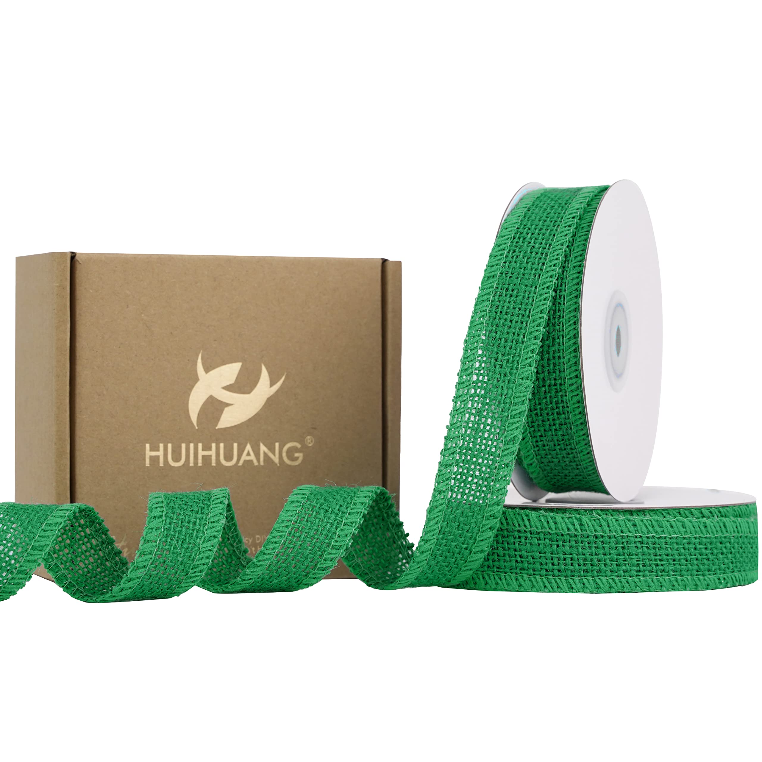 HUIHUANG Green Burlap Ribbon 1 inch x 20 Yards Natural Jute Burlap Ribbon for Gift Wrapping Thick Burlap Ribbons for Crafts Christmas Wreaths Bows Rustic Home Decor Wedding Party Decor (No Wire)