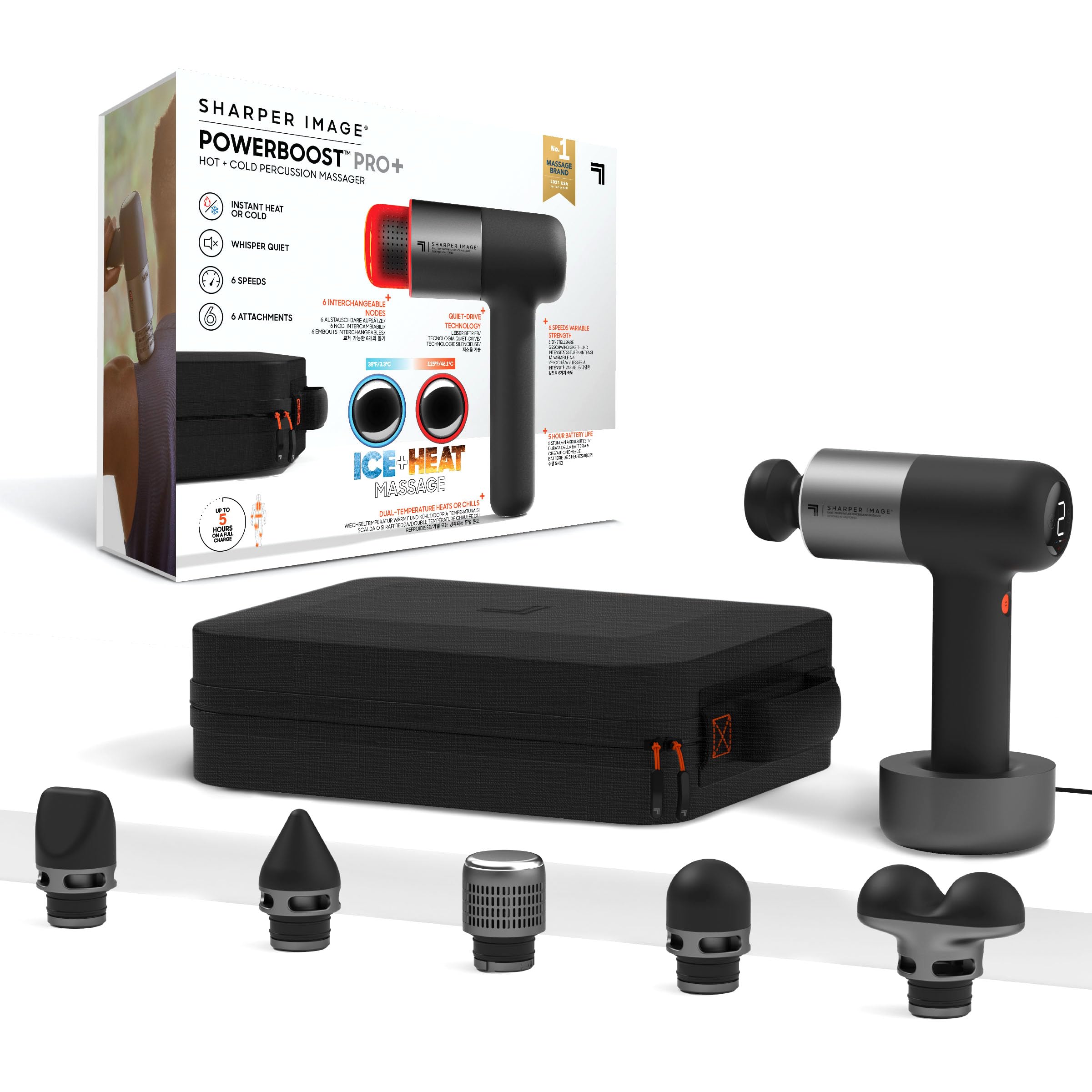 SHARPER IMAGE - Pistolet De Massage PowerBoost Pro Dual Node - Hot & Cold - 6 Vitesses - 6 Embouts - Appareil De Massage - Masseur Electrique - Douleur Musculaire - Récupération Post-Entrainement