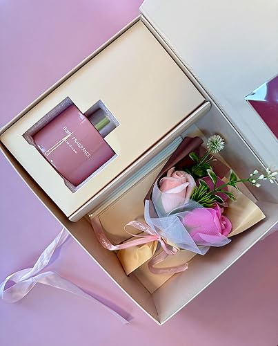 Caja de regalo rosa de cuidado personal para ella Juego de difusor de varillas pastel, mini ramo de rosas, kit de relajación de habitación,