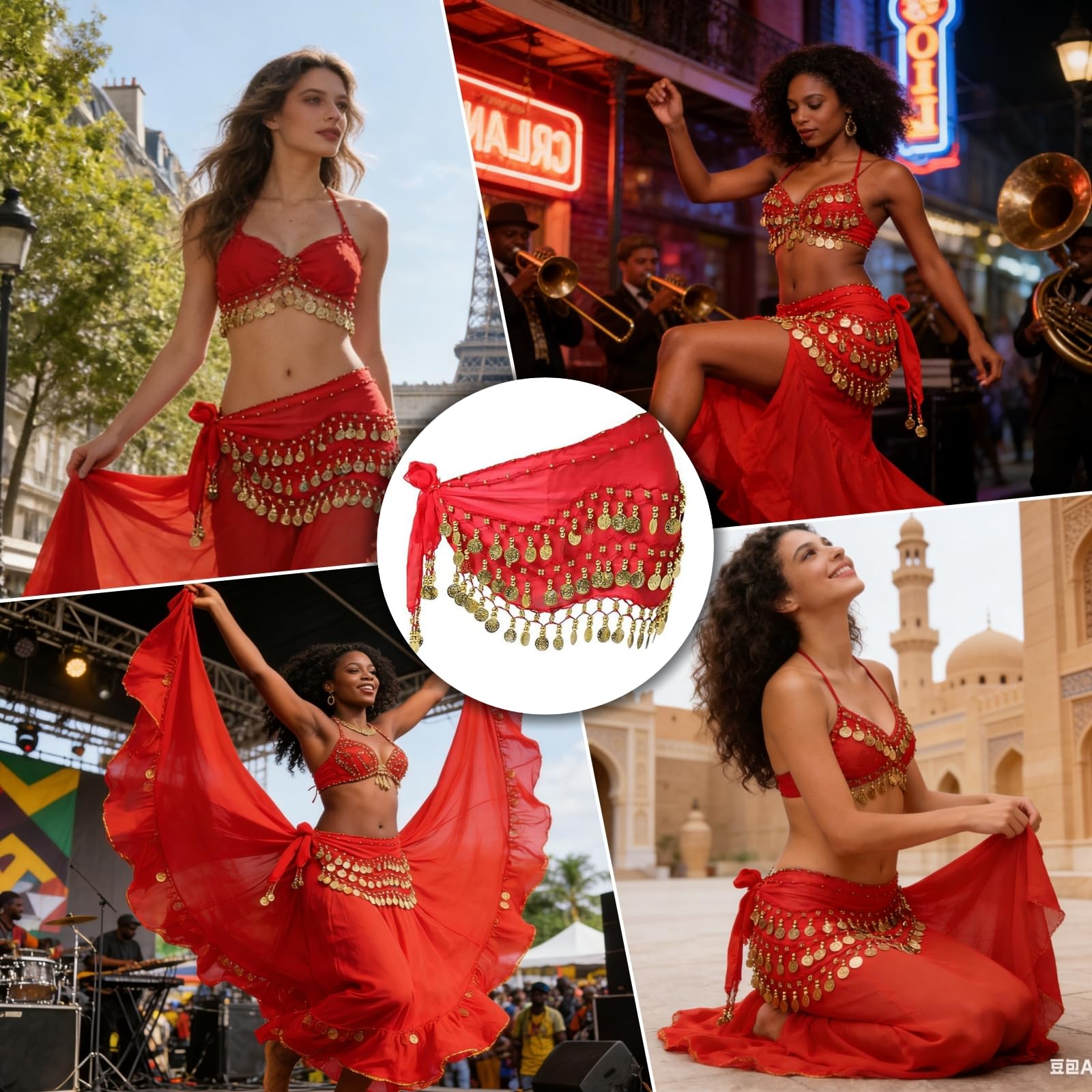 Cinturón Danza del Vientre Mujer con 90+ Monedas Falda Bufanda Baile Oriental 140 cm