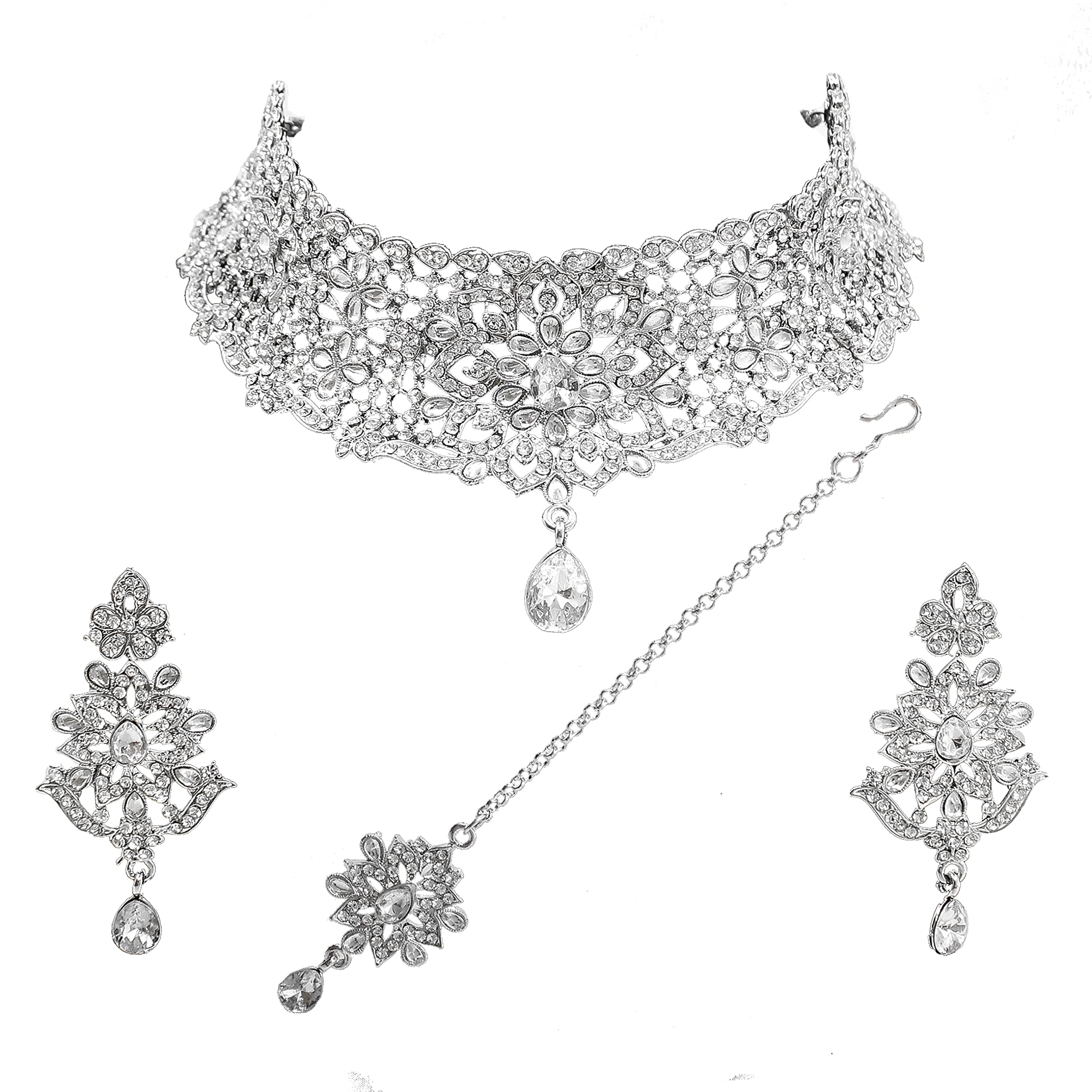 SAIYONI womens Latest Silver Stone Work Choker Necklace Earring with Maangtikka Jewellery Set (B09QHX5BMJ) Amazon Price History, Amazon Price Tracker