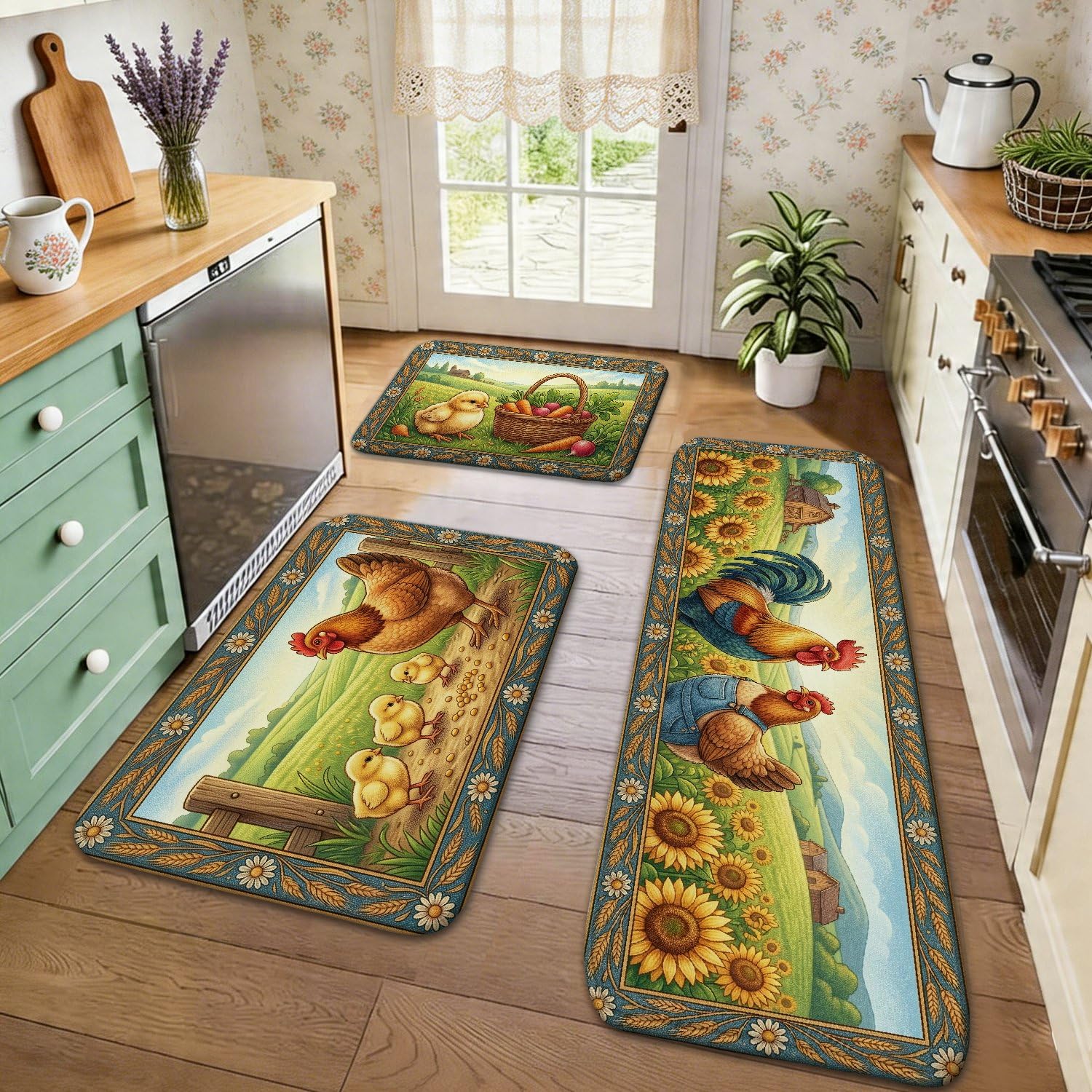 Tappetini da cucina per pavimento, motivo pollo, decorazione rustica con gallina e girasole, morbidi tappeti imbottiti a molla, comodi tappetini lavabili per lavelli da cucina, lavanderia e bagno, 3