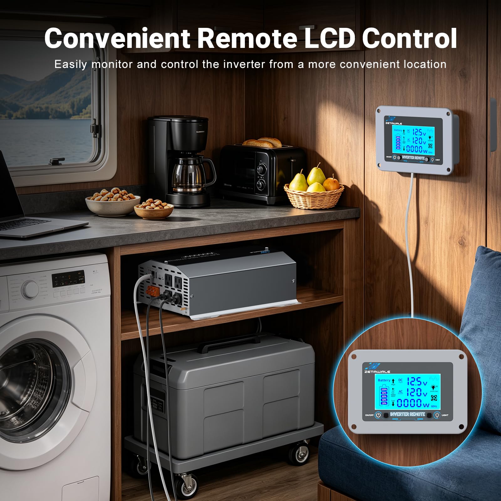 2000W 12V DC 110V 120V AC 4 wyjścia AC, USB Type-C, zdalne sterowanie LCD do ciężarówki, RV