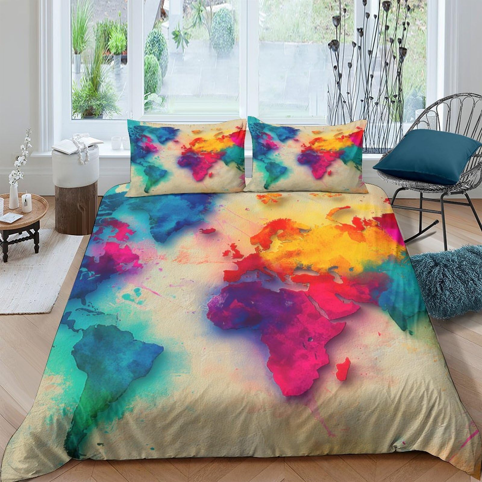 GPLZQXKJNH 3D Printed Watercolor World Map Duvet Cover Microfiber Breathable Bedding Set with 2 Pillowcases for Bedroom Decor Single（135x200cm）