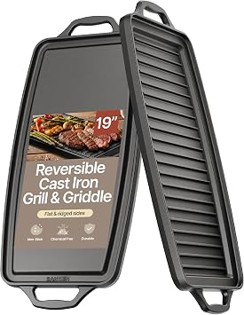 Bakken 19 Reversible Cast Iron Griddle, Flat & Grill Side, Dual Burner Cooking Plate for Pancakes, Meats & Veggies, Pre-Seasoned, Nonstick, Oven & Campfire Safe, Heavy-Duty Griddle Top with Mitt