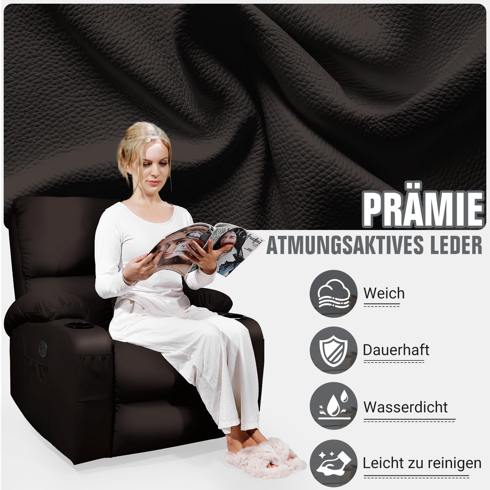 Schaukelstuhl mit Relaxfunktion, Massagesessel mit Vibration und Wärme, USB- und Type-C-Anschlüsse, 360° drehbare Kunstledersessel, Wohnzimmer, Schlafzimmer, Kinderzimmer, Wohnmobil, Braun