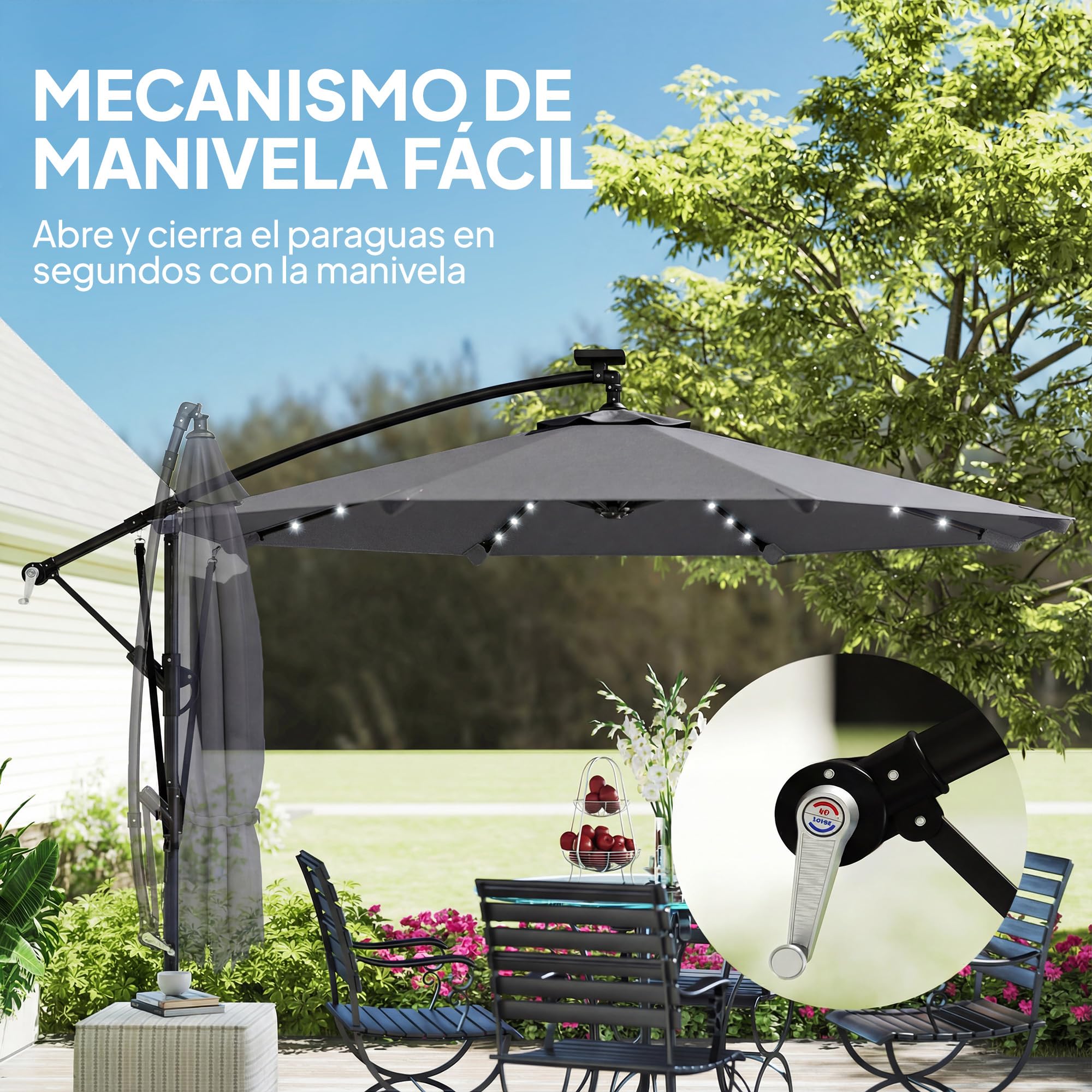 Outsunny Parasol Excéntrico con Luces LED Solares Ø330 cm | Sombrilla de Jardín, Base Cruzada, Manivela, Funda Protectora, Cuerda de Viento, Anti-UV 50+, Terraza, Patio