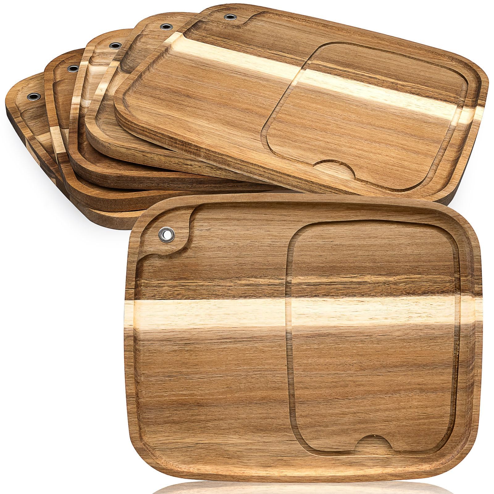 6er Set Akazienholz Steak Bretter, Holz Steak Servierbrett mit Saftk | Küche Schneidebrett Steakteller Servierplatte Holzbrett Brett für Fleisch Grill Brot Dessert Burger Pizza Sushi, 33 x 28 cm