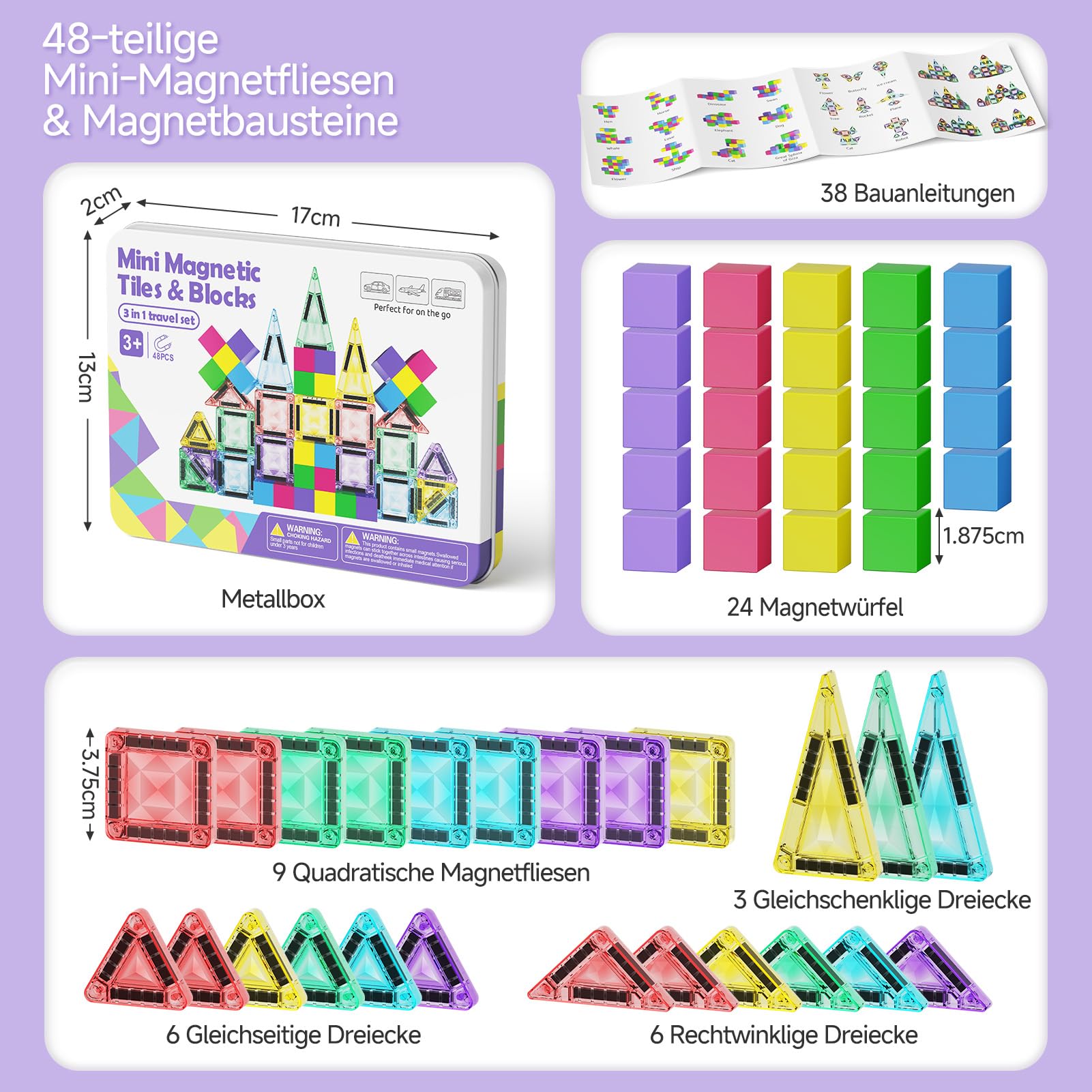 burgkidz Magnetbausteine Reise-Set 48 Teile – 3-in-1 Kompatible Magnetfliesen und Blöcke (3,75 cm / 1,875 cm) mit Ultraleicht-Metallbox für unterwegs, STEM Lernspielzeug für Kinder ab 3 Jahren