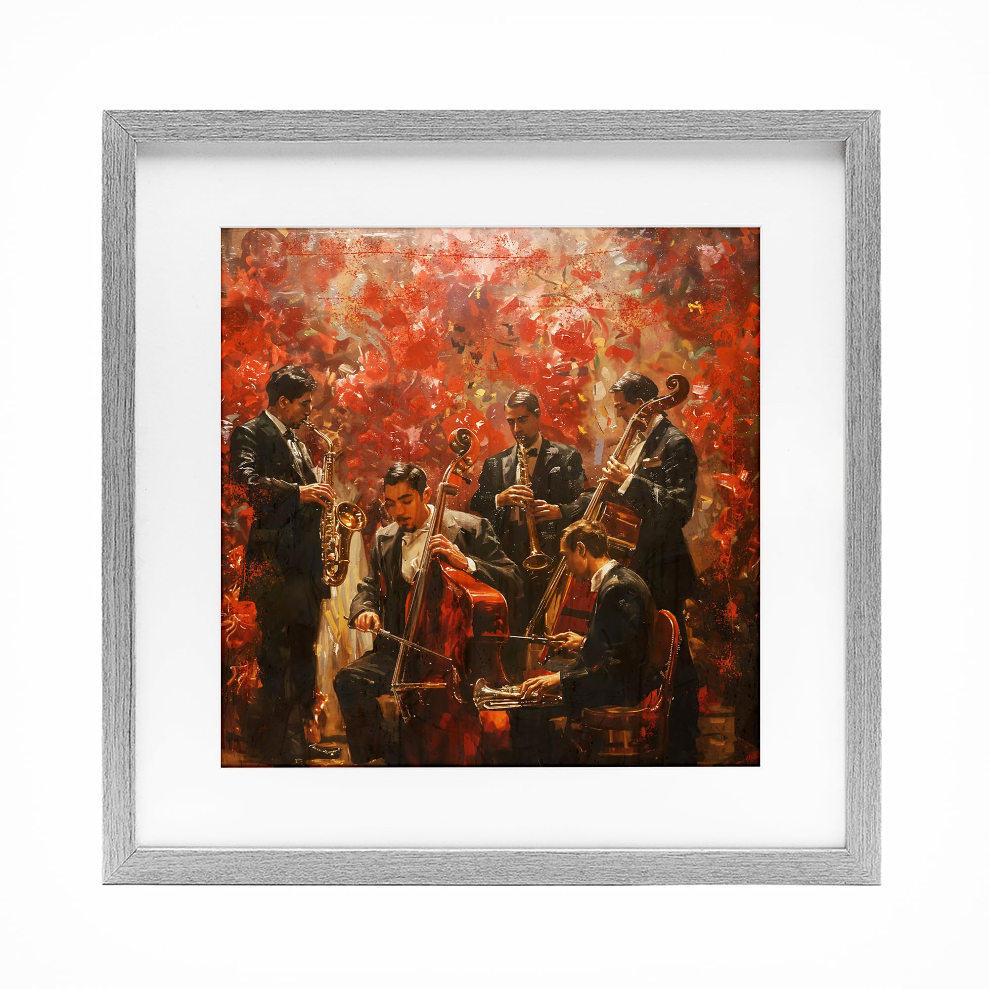 Stupell Industries Farmhouse Gray (Textured) 'Play More Jazz Performance'| Framed Print Under Glass