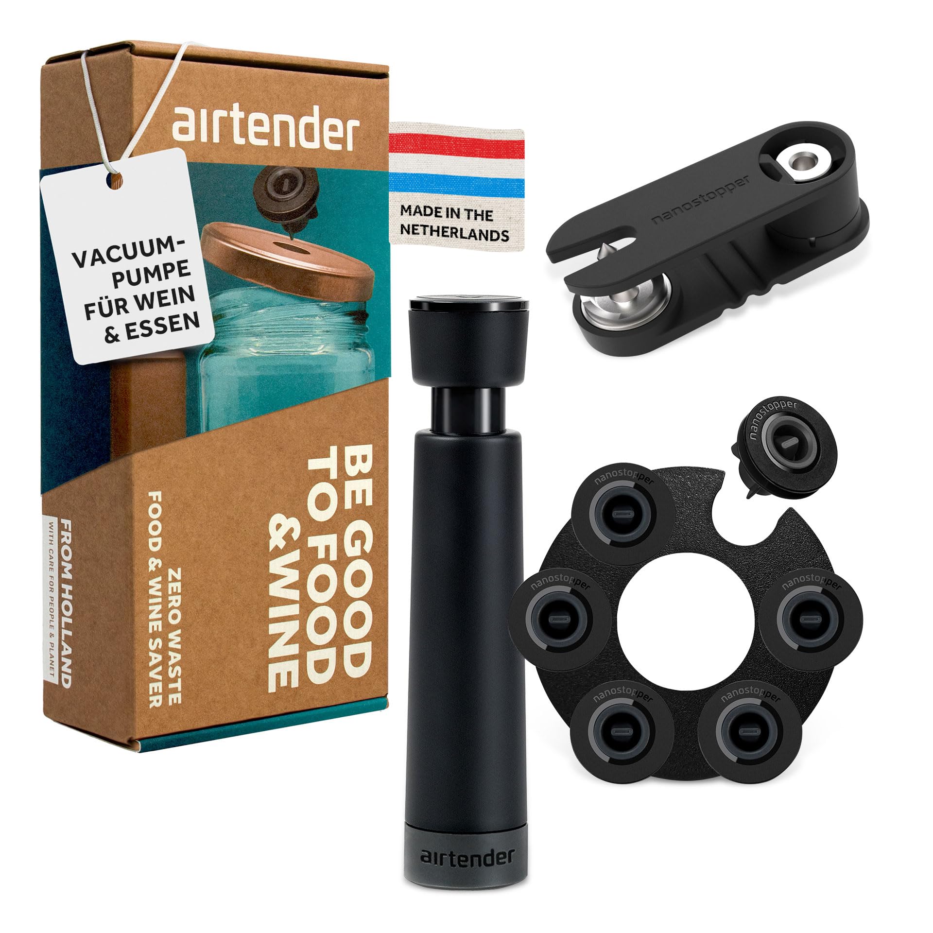 Airtender Vakuum-Pumpe Set für Flaschen & Einmachgläser – Inklusive 6 Vakuum Stopfen, Deckelstanze & Aufbewahrungsclip – Ideal für Wein & Lebensmittel, 5x längere Frische