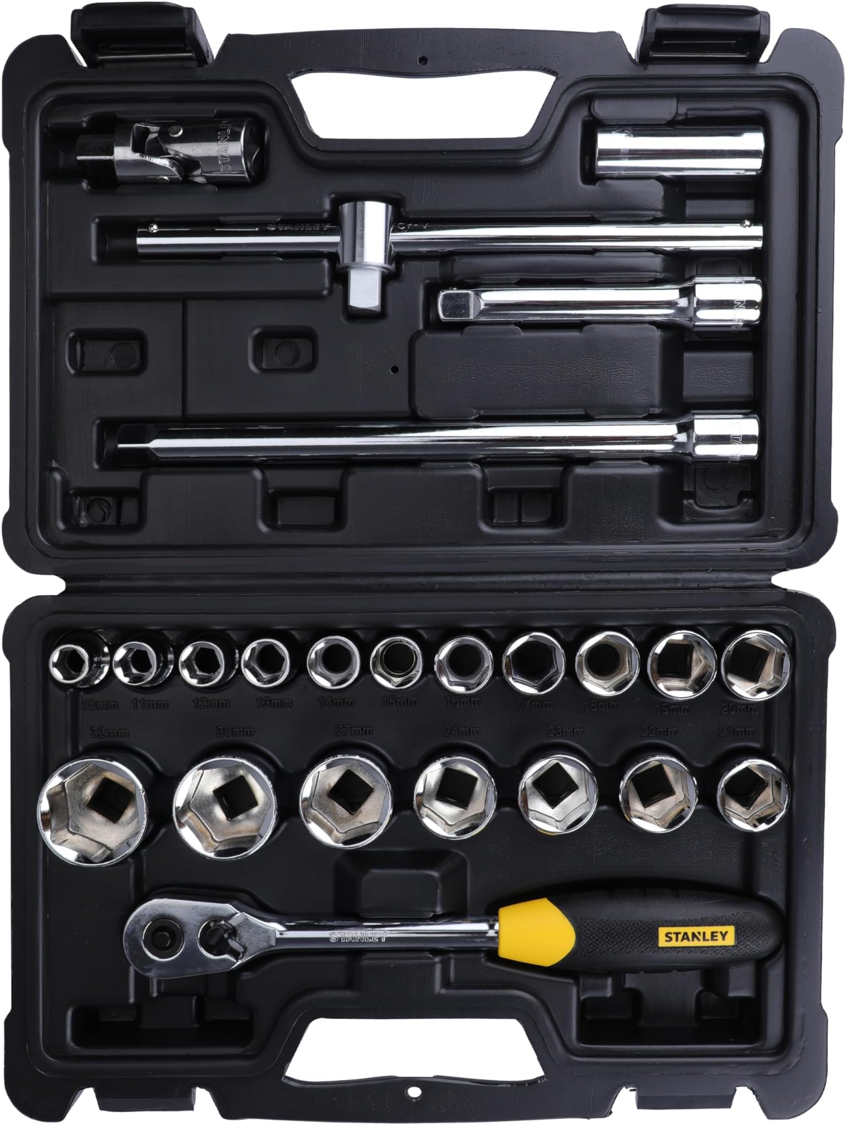 STANLEY STMT72795-8 1/2'' 24-Piece Double Nickel Chromium Square Drive Metric 6-point Socket Set for Home, DIY & Professional Use, YELLOW & BLACK
