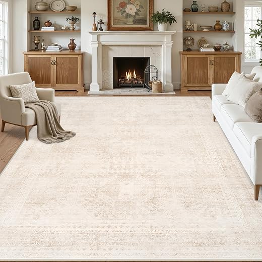 8x10 Area Rugs Living Room: Bedroom Neutral Washable Carpet Beige | Large Vintage Boho Indoor Decor Carpets Soft Nursery Farmhouse Dining Room Office Floor Non-Slip Low Pile Under Table Rug