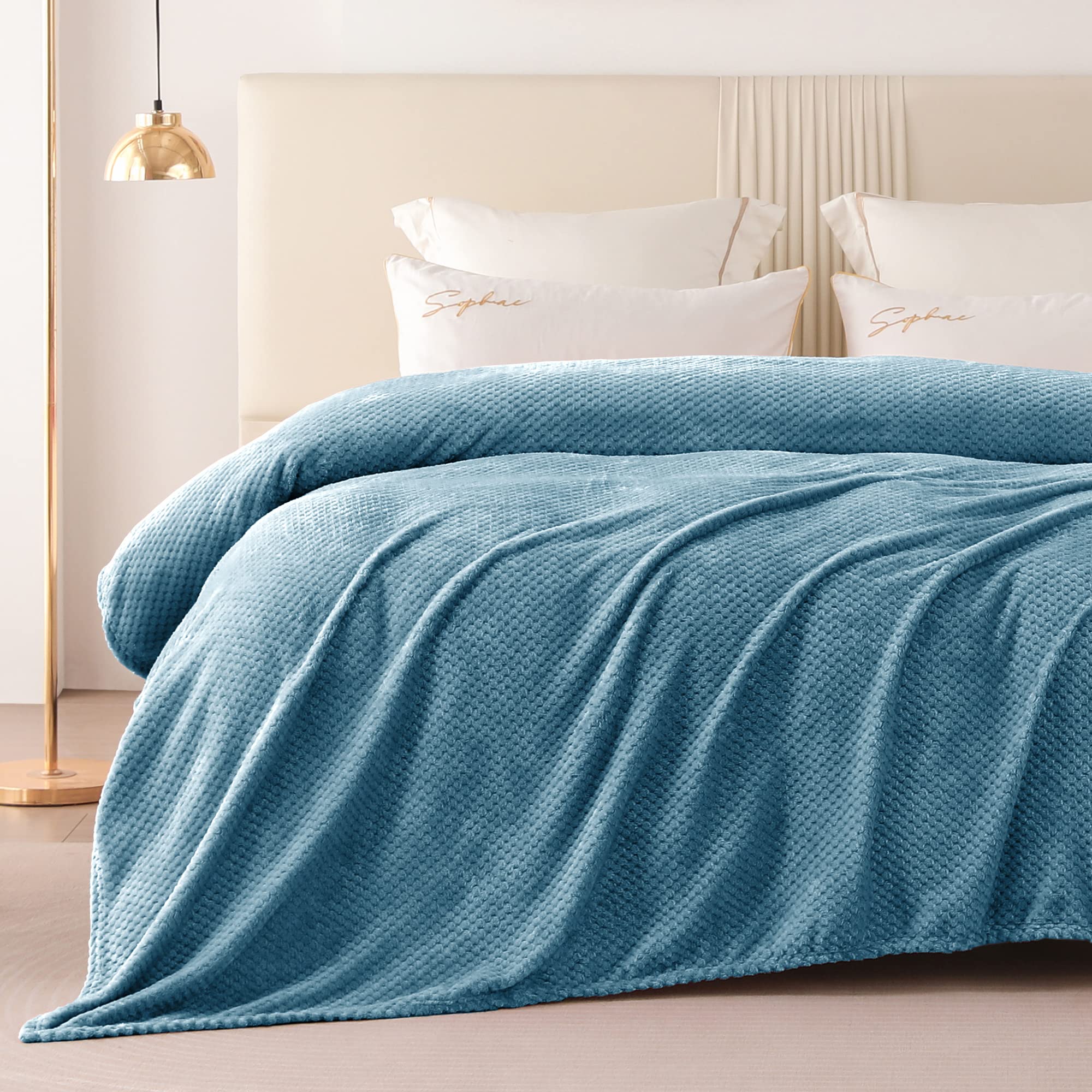 Yebeda Manta Waffle 220 x 240 cm, Manta para Sofa Polar Cálida Cama de Franela Super Suave, Acogedora y Aómoda, Azul Pizarra