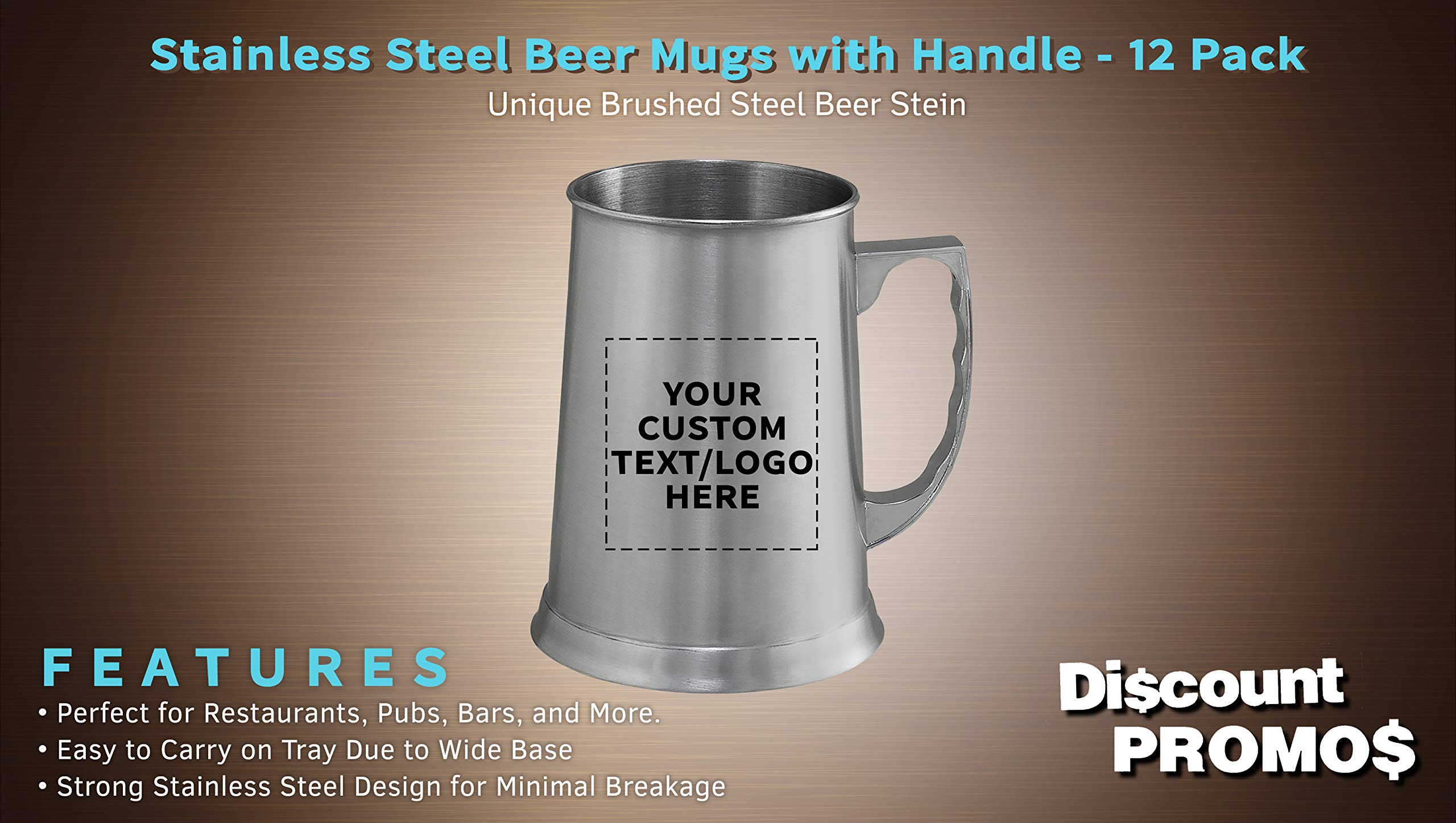 Custom Stainless Steel Beer Stein Mug 13.5 oz. Set of 12, Personalized Bulk Pack - Great for Restaurant, Brewery, Pub - Silver