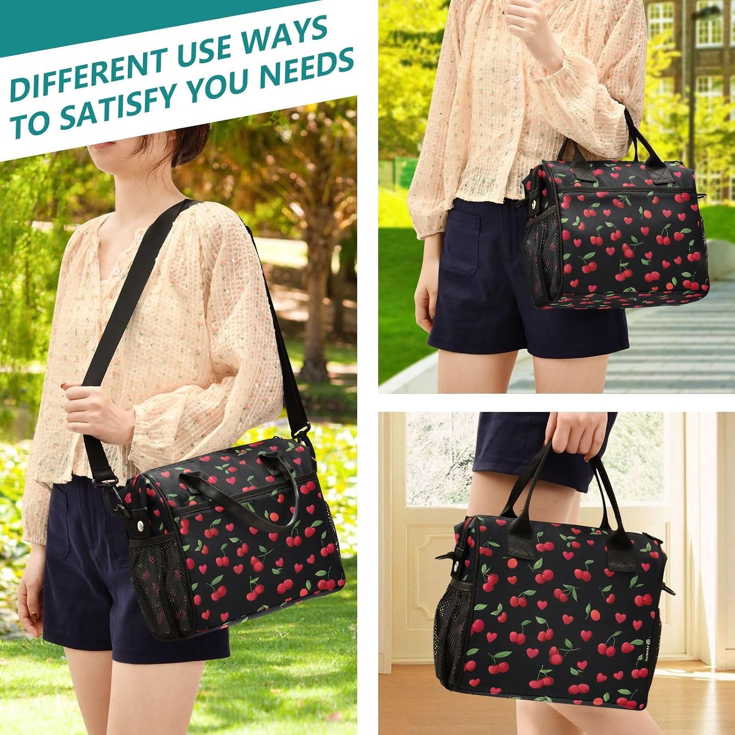 Red Cherry Pattern Lunch Bag for Women Men Adults Reusable Lunch Tote Bags Insulated Cooler Lunch Box Food Container