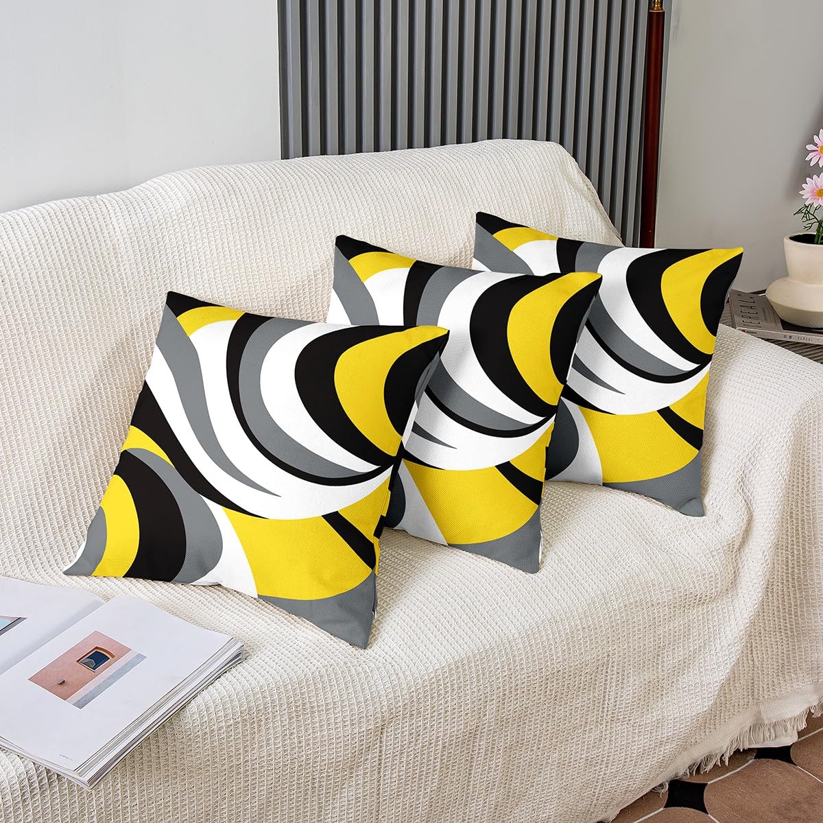 Set di 4 federe copricuscino reversibili con motivo geometrico giallo, grigio e bianco, per bambini, decorazione per la casa, motivo a righe, arte astratta, 40,6 x 40,6 cm
