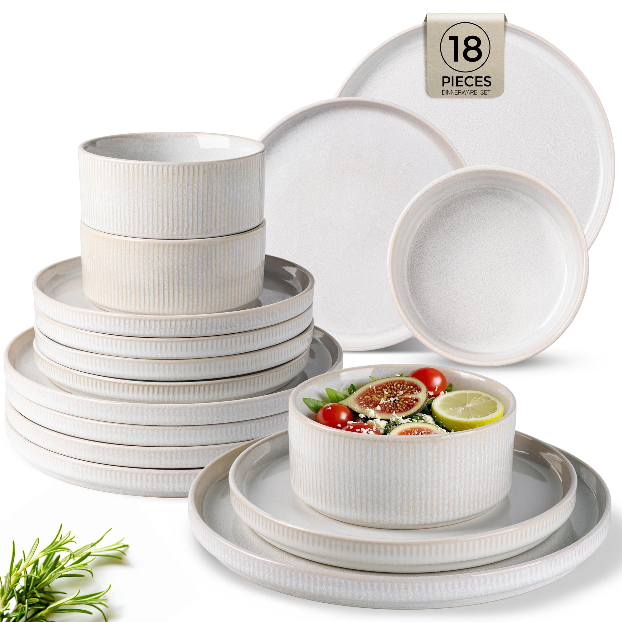 GBhome Stoneware Dinner Sets for 6 People, 18 Pieces Reactive Glaze Handcrafted Plates and Bowls Set, Scratch Resistant Dinnerware Set, Dishwasher & Microwave Safe Crockery Set, Light Beige — image 1