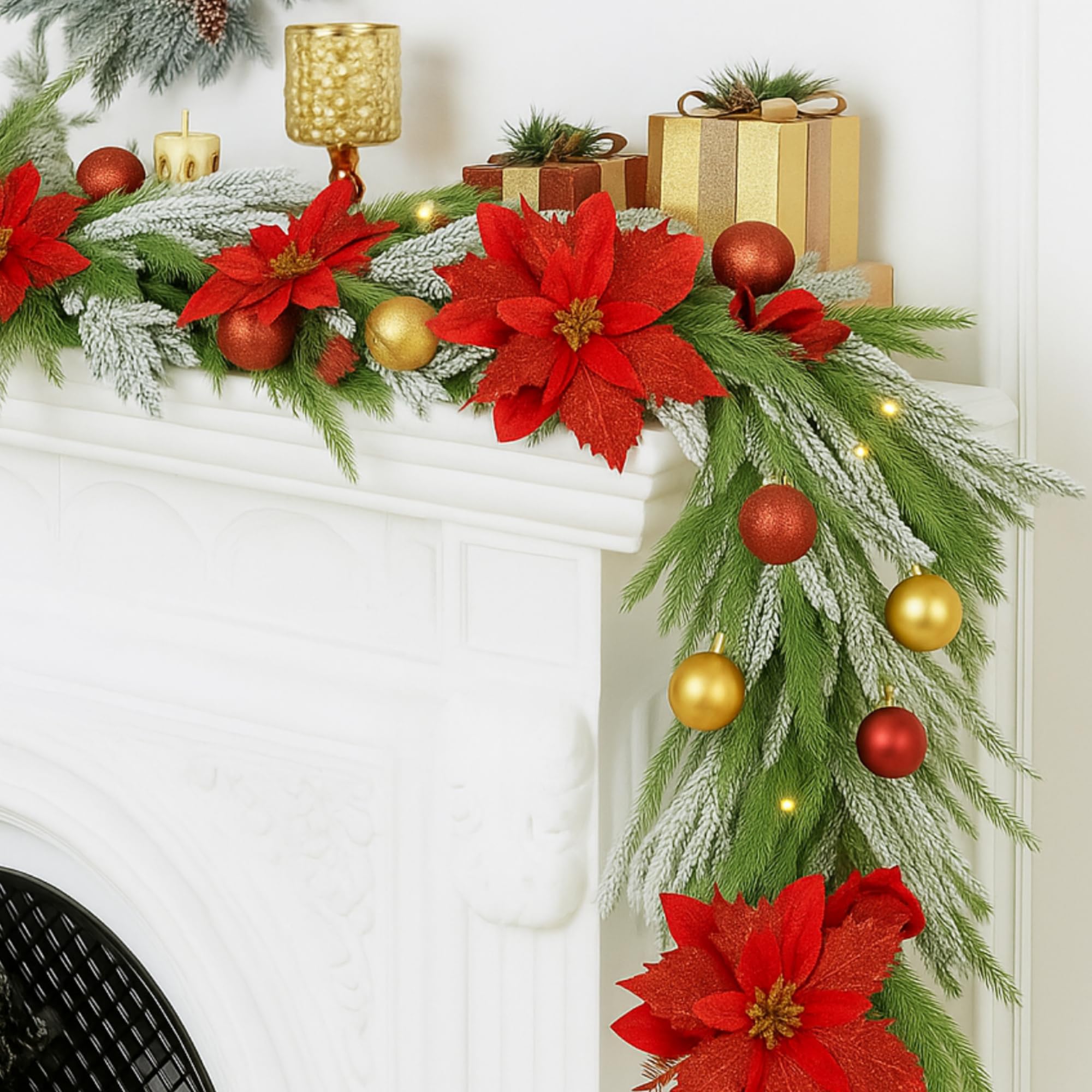 VIHOSE Guirnalda de Navidad de 6 pies con luces, superficie artificial preiluminada de Navidad con lazos rojos, flores, bolas de Navidad para chimeneas, escaleras, barandillas, hogar, Navidad