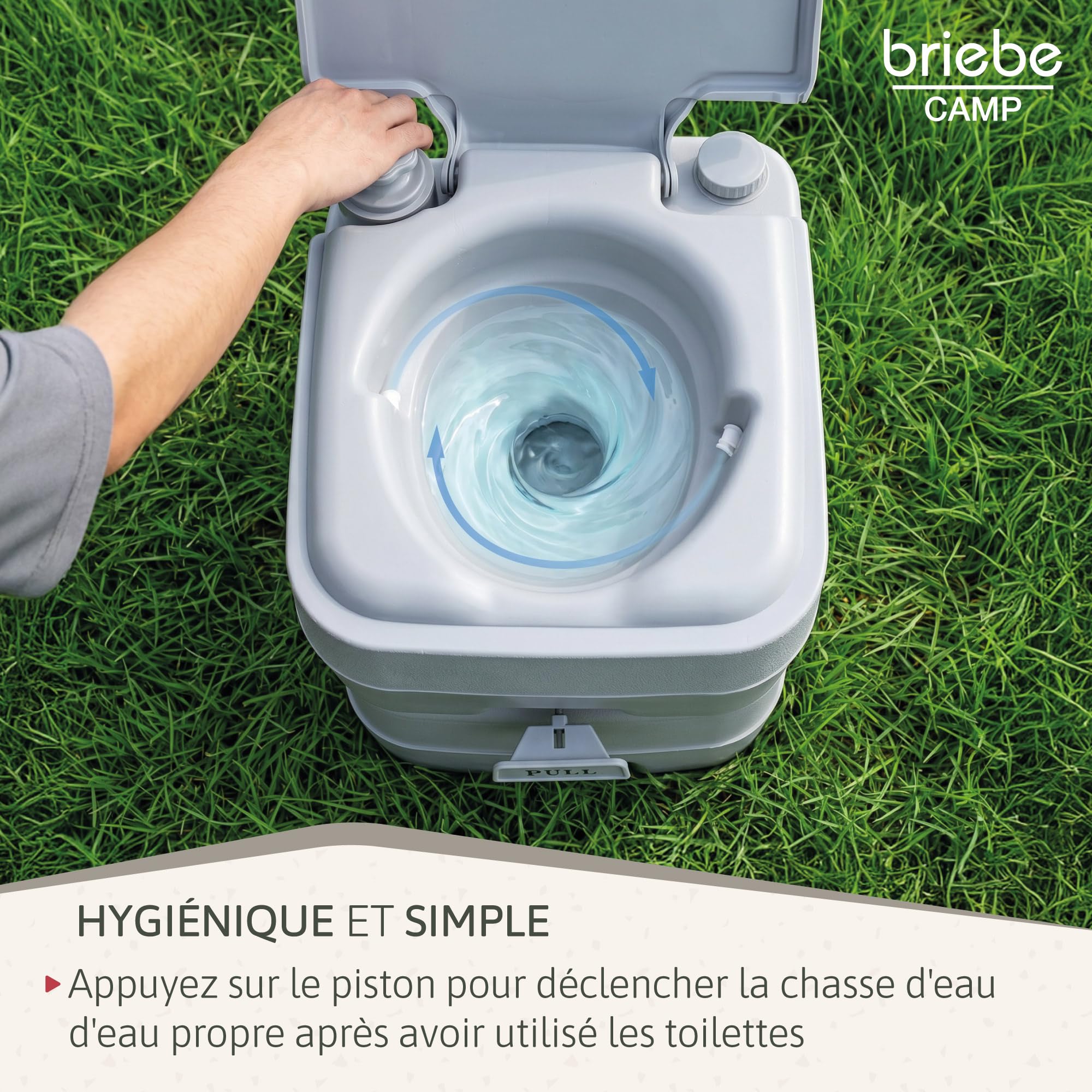briebe Camp Toilette Portable WC Chimique pour Camping-Car, Bateau et Voyage, Réservoir d'eau, Pompe à Piston et Valve Anti-Odeur Facile à Nettoyer et à Vider,