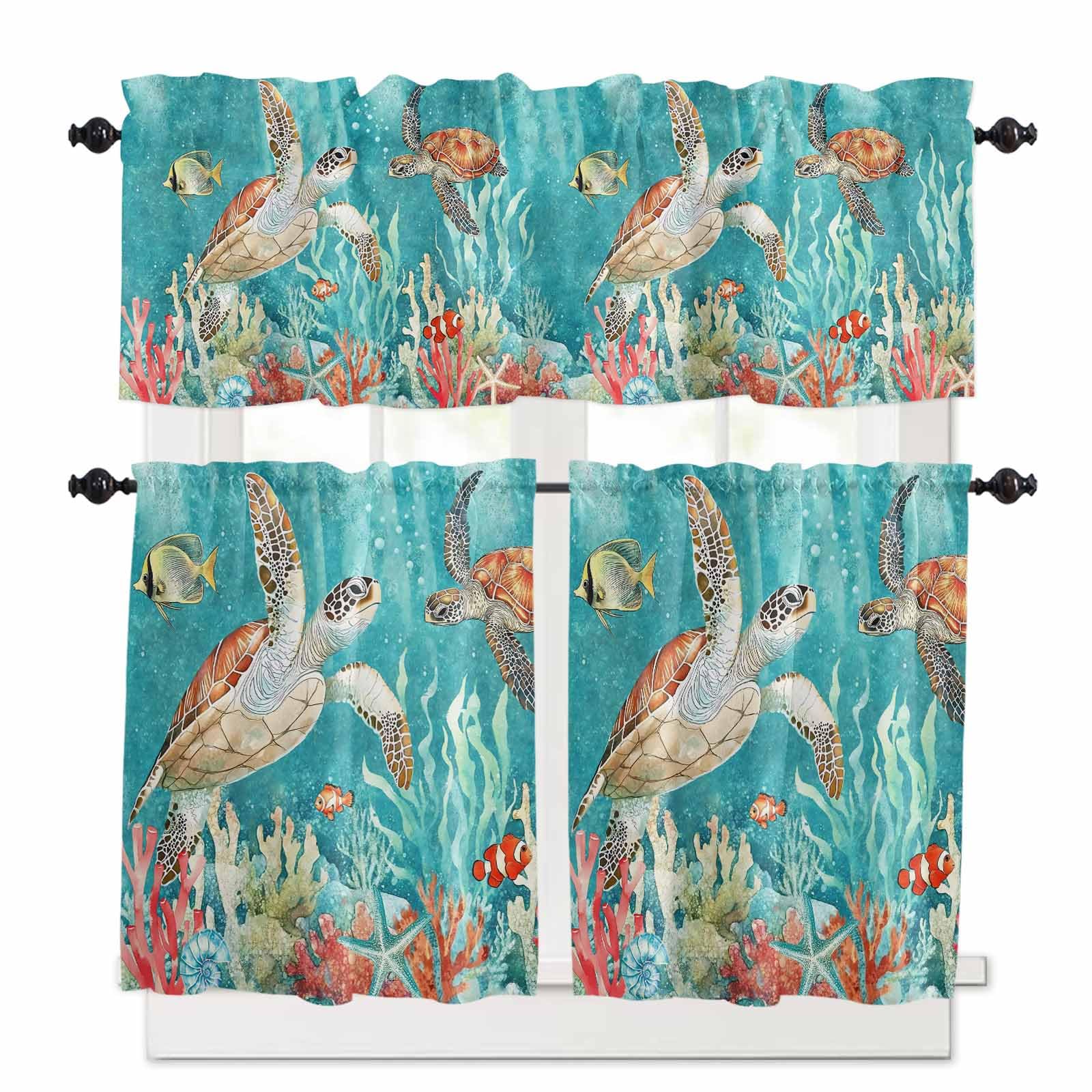 Brown Sea Turtle Coastal Kitchen Curtains 24 Inch Length,3 Piece Rod Pocket Small Half Tiers and Valance Set,Teal Summer Beach Coral Nautical Small Large Window Treatment Decor for Bedroom/Bathroom