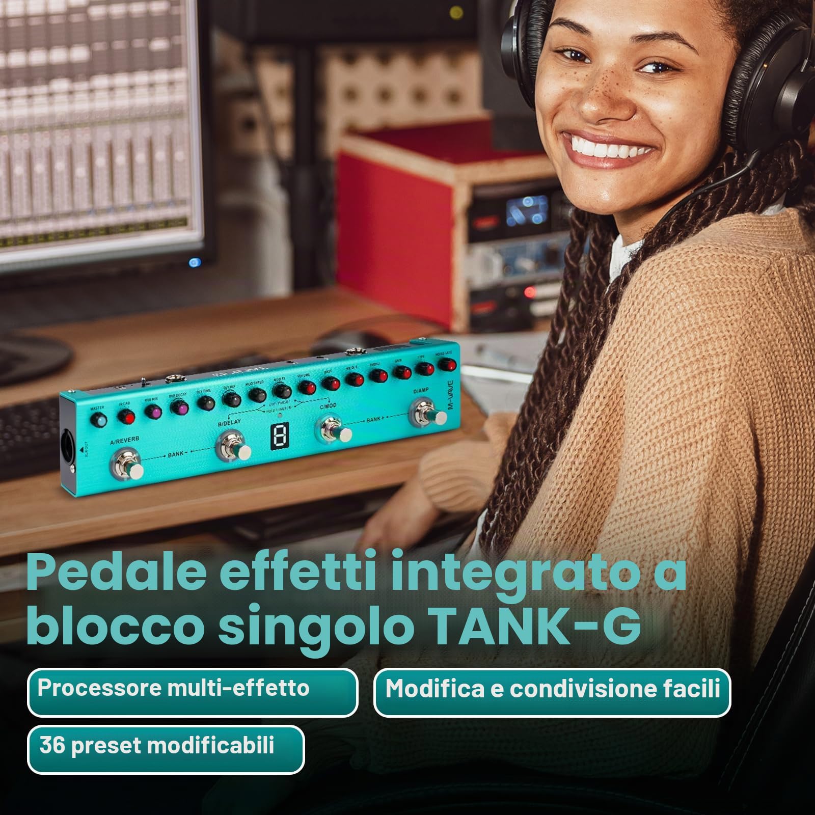Nikou M-VAVE - Effettore digitale per chitarra elettrica, multi-effetto, con 36 preset modificabili, unità di effetto a singolo blocco integrato portatile per esterni (batteria integrata da 3000 mAh)