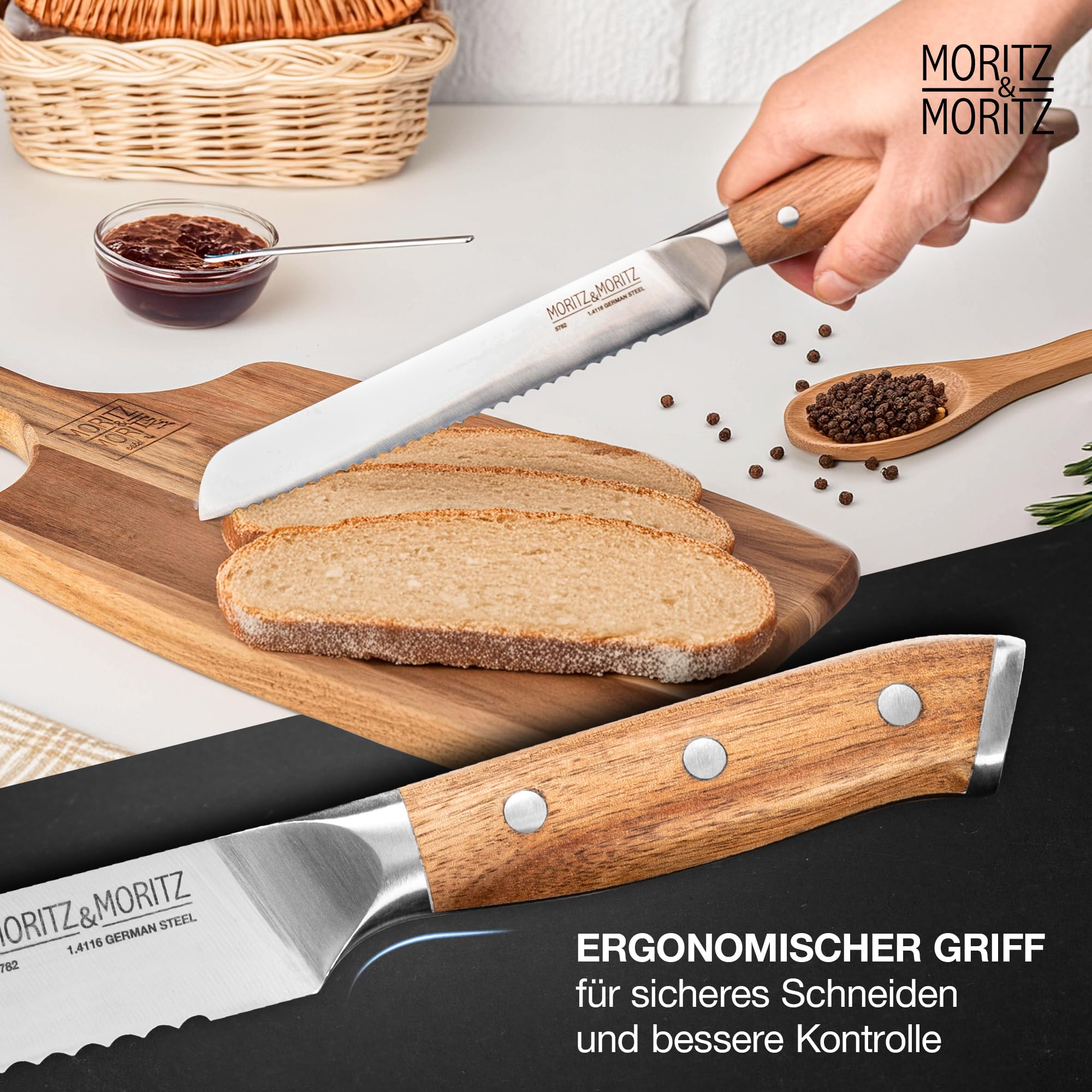 Moritz & Moritz Brotmesser 20 cm - Großes Profi Brotschneidemesser mit Wellenschliff - Scharfes Sägemesser zum Schneiden von Brot - Ergonomischer Griff aus Akazienholz - Deutscher Messerstahl – Bild 5