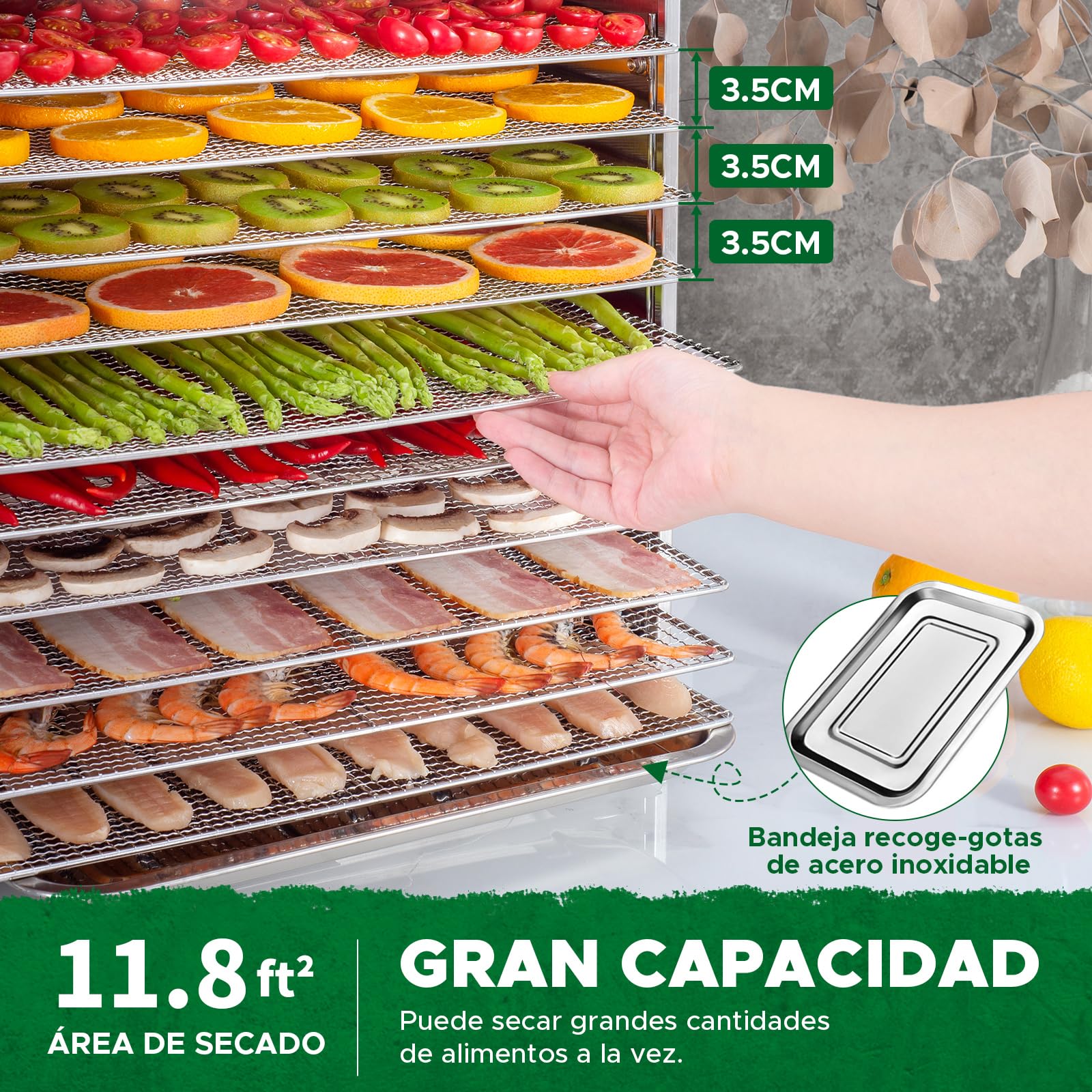 Kwasyo 10 Bandejas Deshidratador Alimentos Recetas gratis Temperatura Ajustable 30-90℃, Acero Inoxidable Completo, Temporizador de 24 horas, 10 Pisos Deshidratadora de Frutas, bpa free,1000W