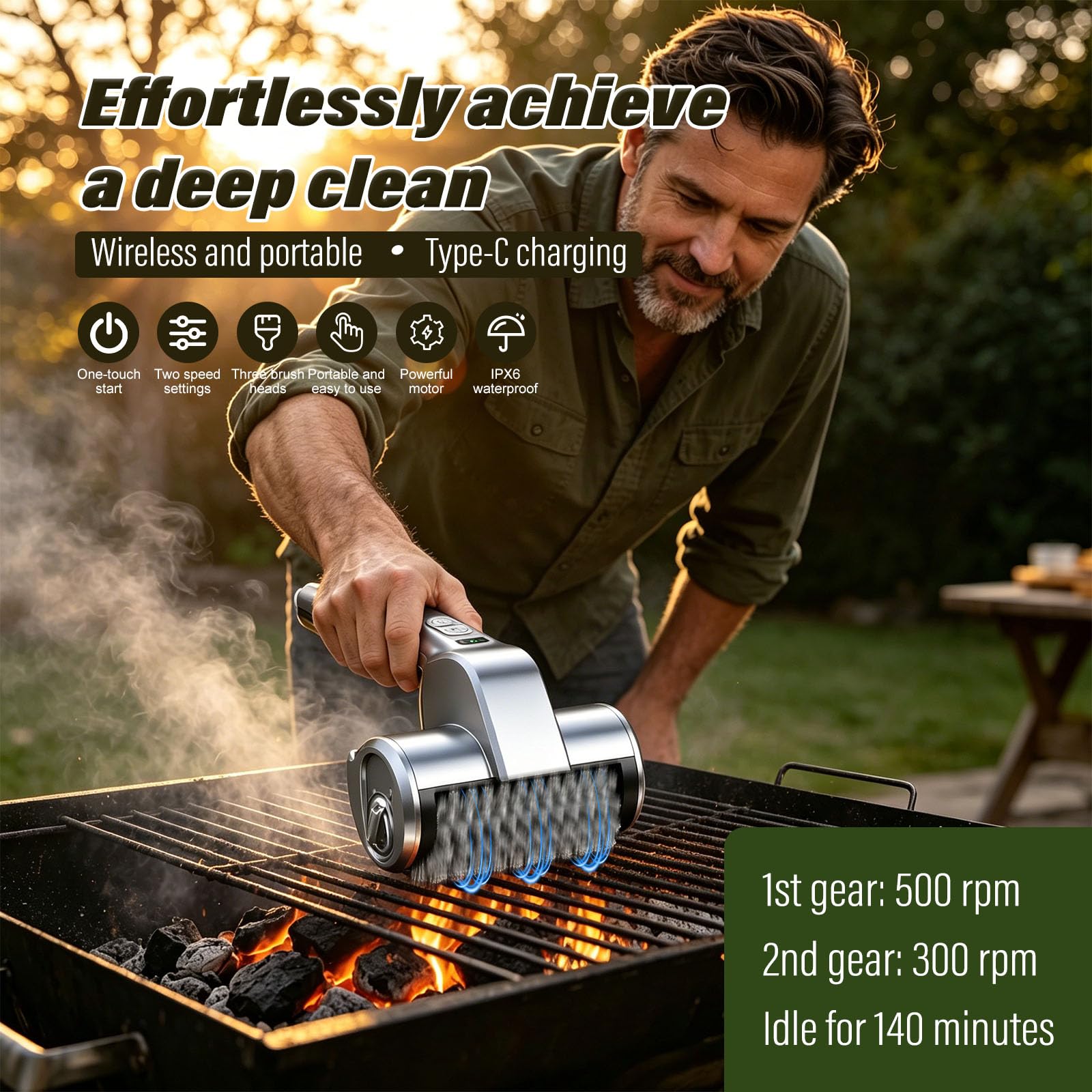 Limpiador De Parrilla Electrico,Electric Grill Brush,Modo De Limpieza De 2 Velocidades, Modo De Iluminación Led, Viene con 3 Cabezales De Cepillo De Diferentes Materiales, Adecuado para Parrillas