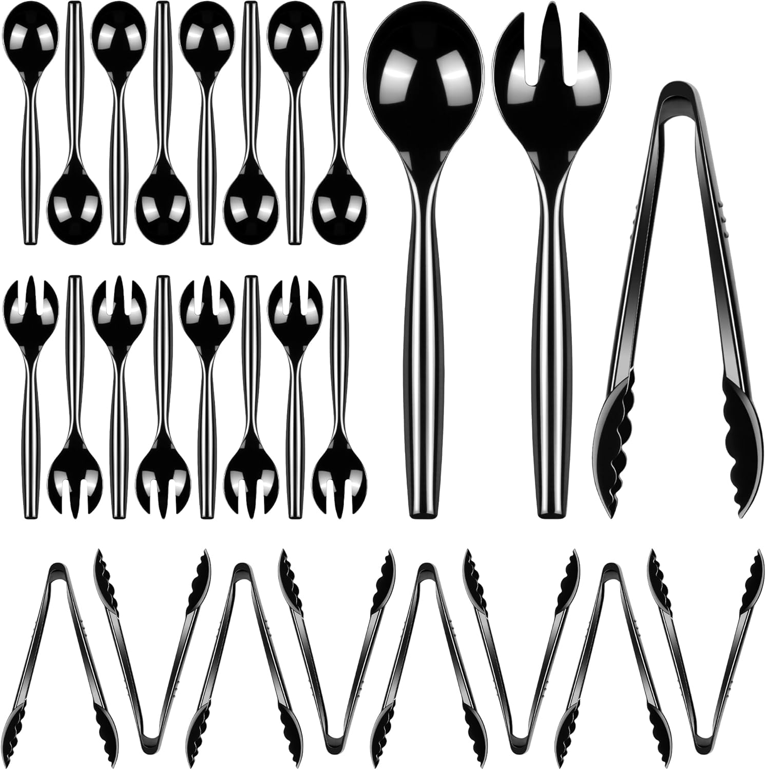 Dualshine 24-Pack Black Disposable Serving Utensils: 8 Spoons, 8 Forks & 8 Tongs for Parties, Weddings, Buffets