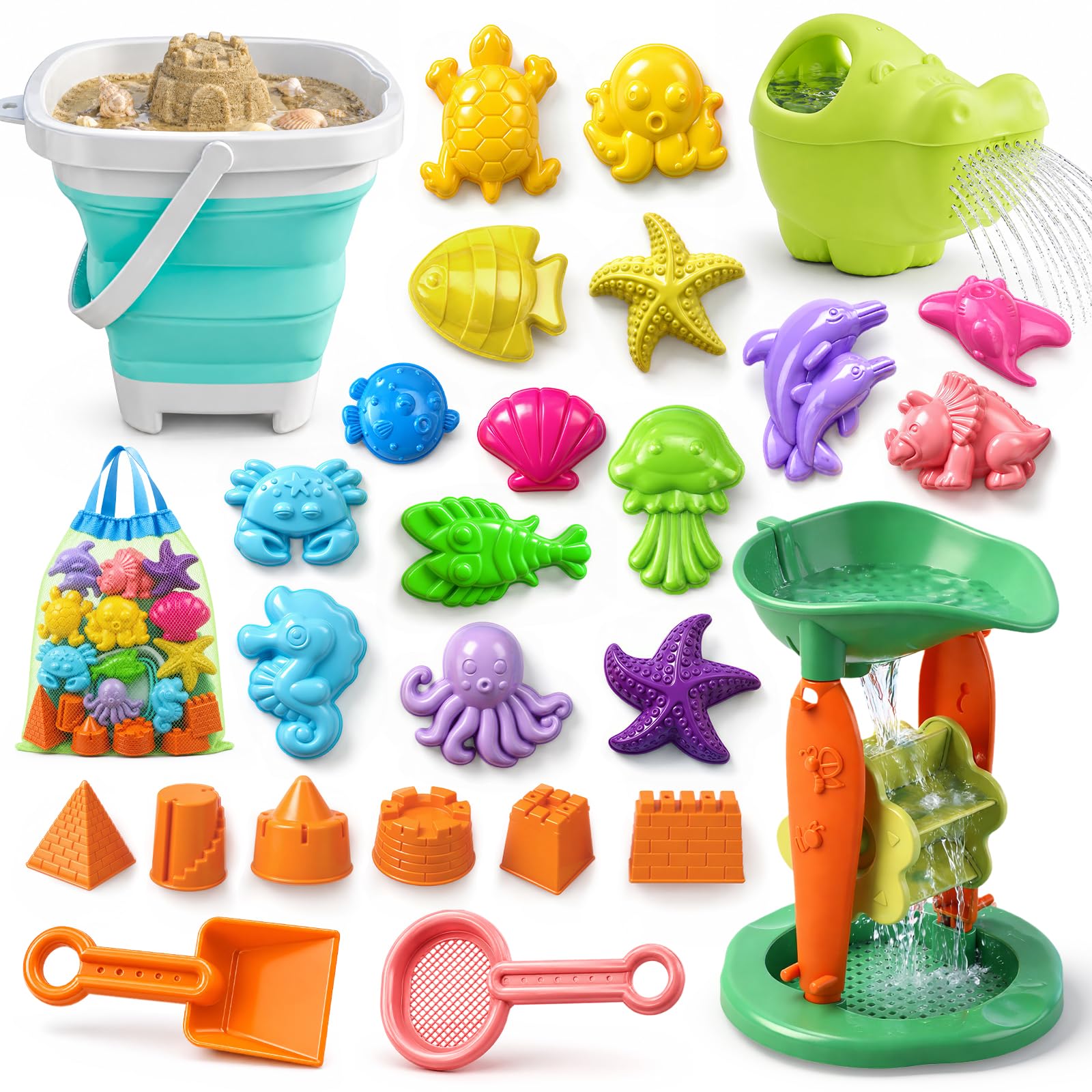 TOY Life 32-Pc Ocean Beach Sand Toy Set, Silicone Beach Bucket, Ages 3-8