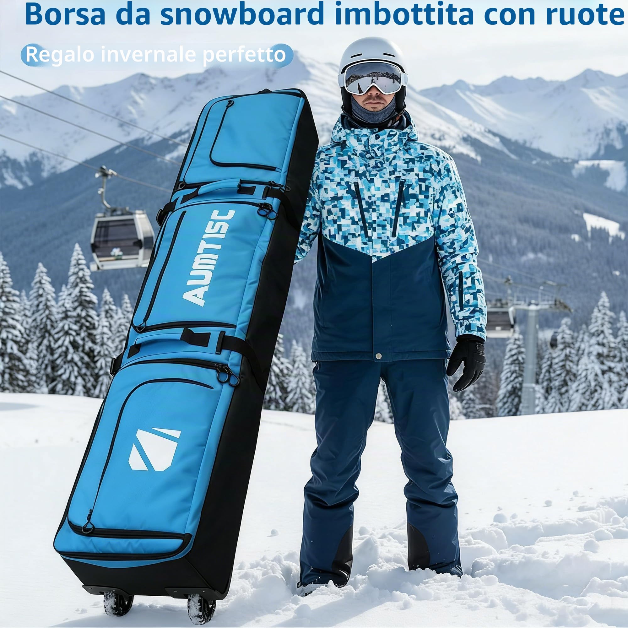 AUMTISC Borsa da snowboard con ruote, borsa da sci imbottita per viaggi aerei, adatta per sci fino a 200 cm