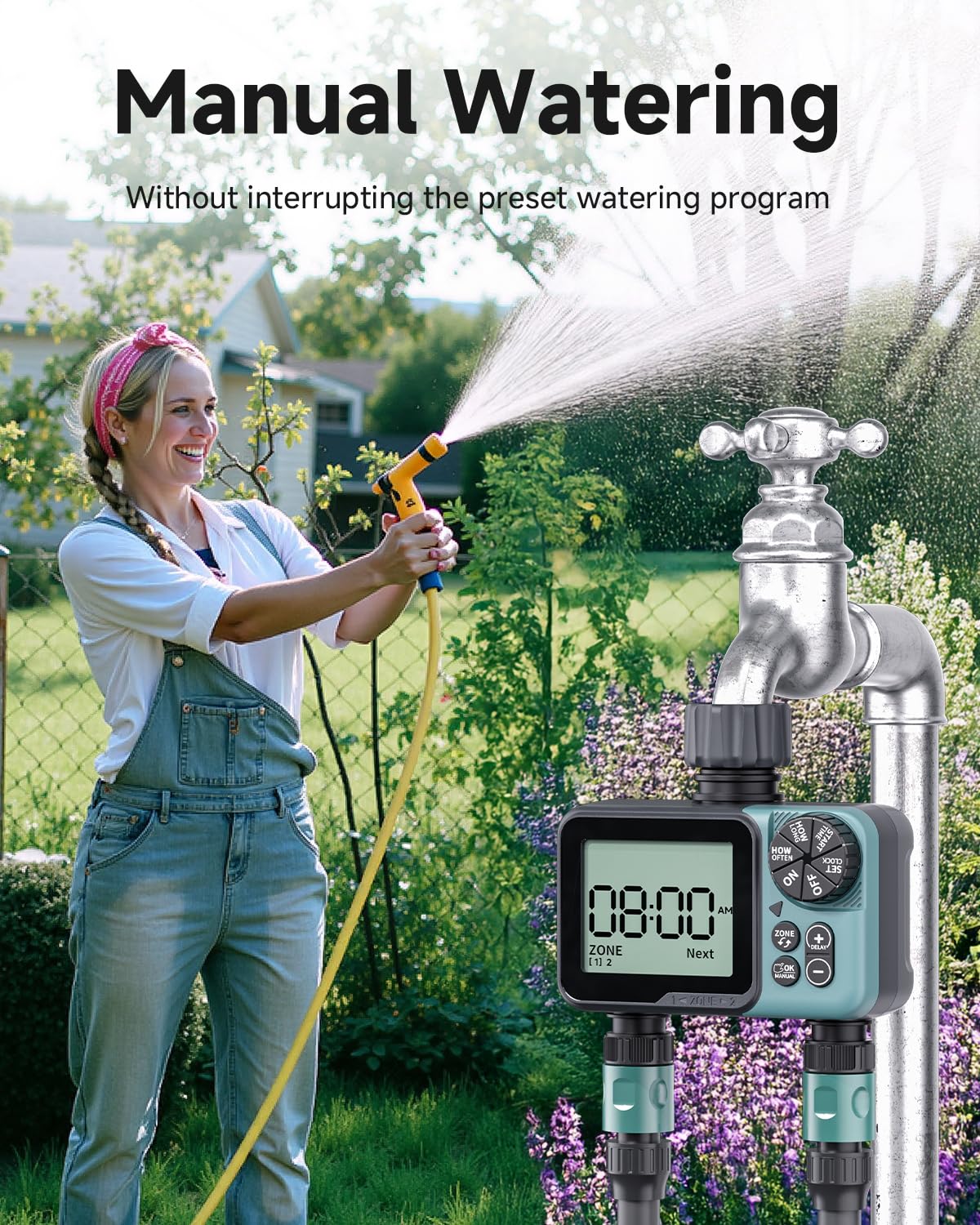 Sprinkler Timer 2 Zone & Digital Water Timer for Garden Hose, Yard, Lawn, Pool – Programmable Irrigation Controller with Rain Delay, IP66 Waterproof Auto & Manual Irrigation System - 3