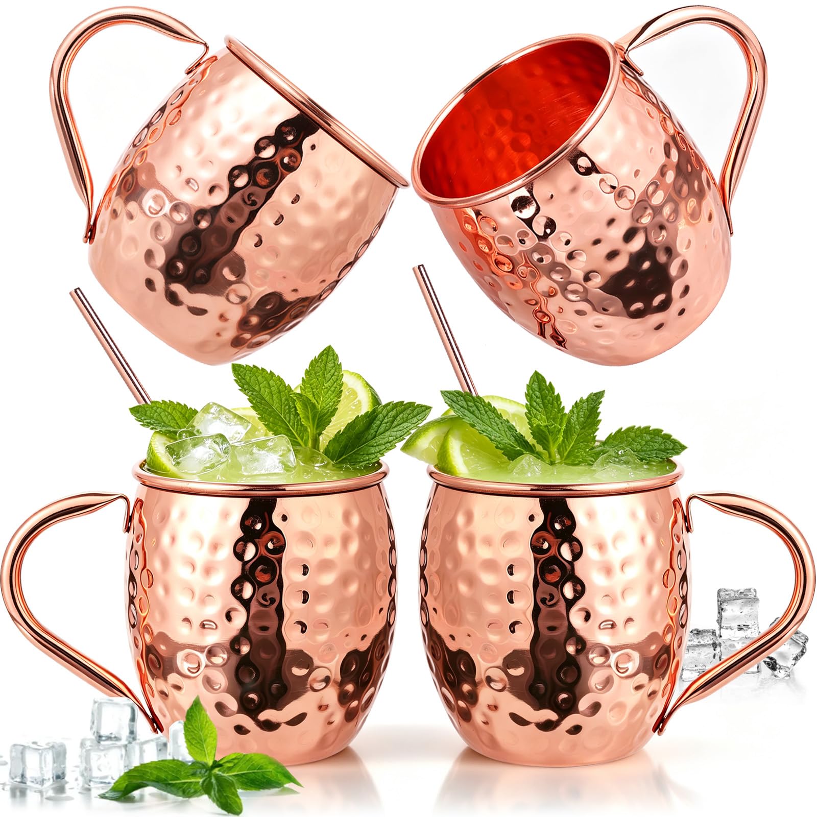 TINSKY Moscow Mule Mugs with Handles 16oz 4 Set Pure Copper Cups for Drinking Hammered Copper Glasses, Welded Handles 4 Straws for Cocktails, Beer, Cold Drinks, Party, Gift Giving
