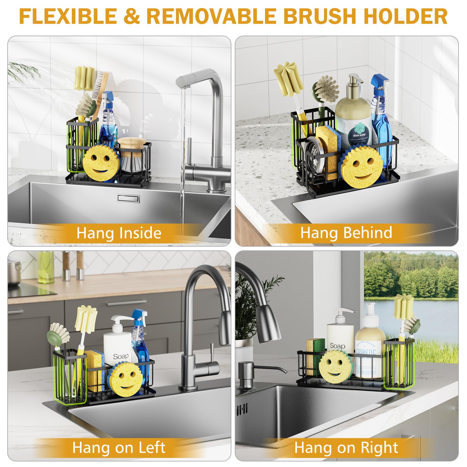 Epicano Sink Caddy Sponge Holder Smiley Face Sponge Rack with High Brush HolderRustproof Kitchen Countertop OrganizerKitchen Gadgets Sink Accessories Black product thumbnail 5