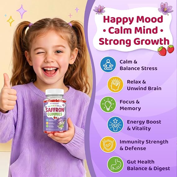Saffron Gummies for Kids & Adults, 21-in-1 Saffron Supplements with 100mg Saffron Extract, L-Theanine, Magnesium, Omega-3, GABA, D3, B6, B12 & C, Supports Mood, Focus & Gut Health, Sugar-Free, Vegan