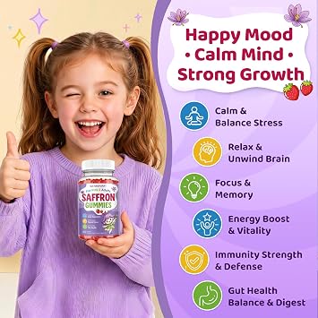 Saffron Gummies for Kids & Adults, 21-in-1 Saffron Supplements with 100mg Saffron Extract, L-Theanine, Magnesium, Omega-3, GABA, D3, B6, B12 & C, Supports Mood, Focus & Gut Health, Sugar-Free, Vegan