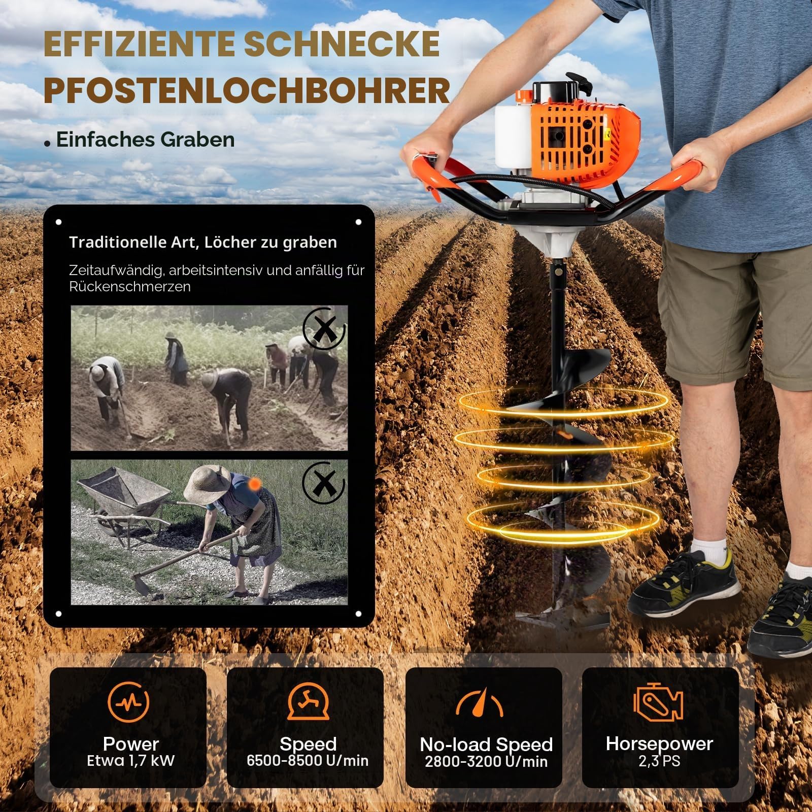 Erdbohrer Benzin - Benzin Erdlochbohrer mit 3 Bohraufsätzen Ø100/150/200 mm