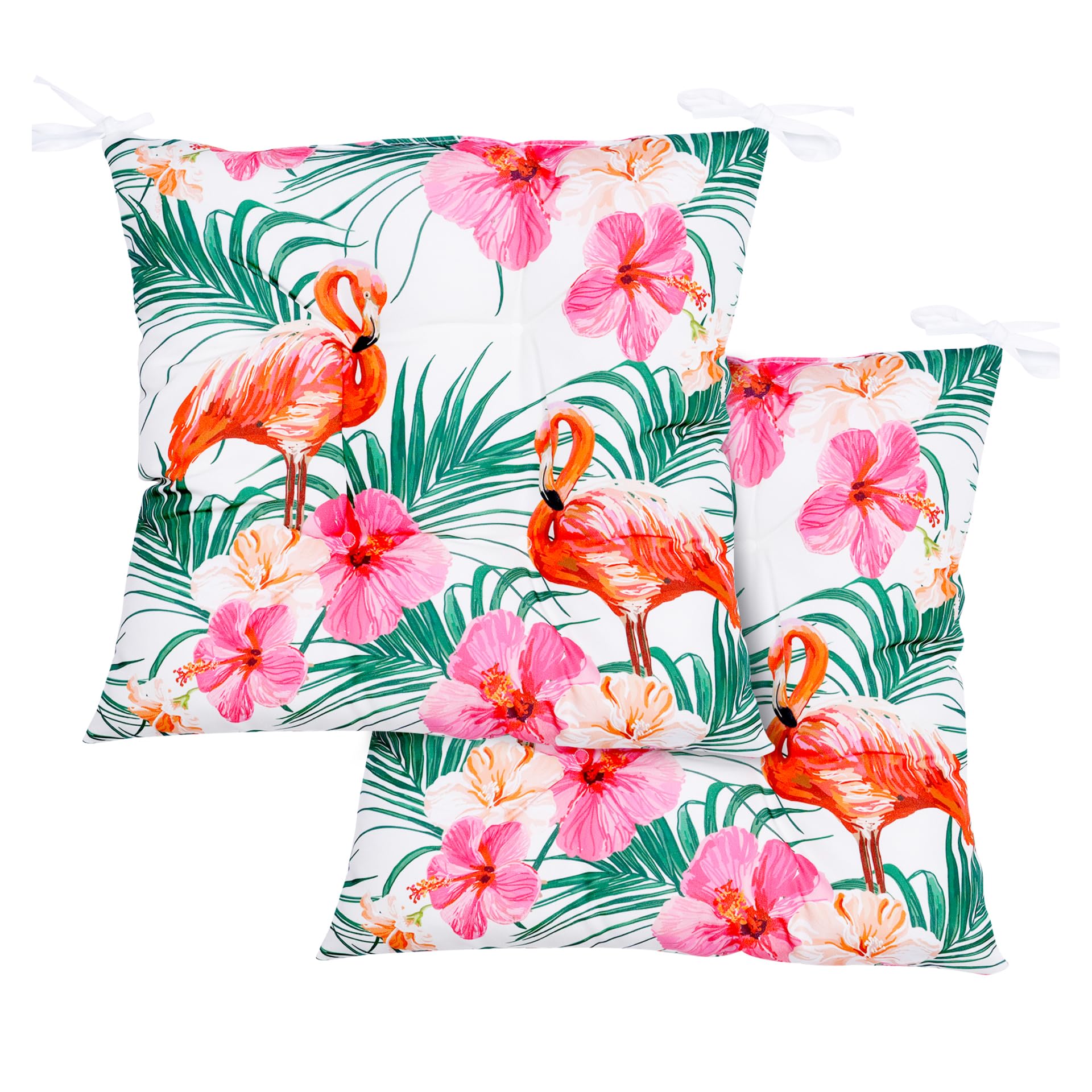 Gardenwize Flamingo Palms Pack Of 2 Outdoor Garden Chair Cushions – Design, Water Resistant & Breathable Seat Pads With Fastening Straps, Fire Resistant Garden Furniture Cushions